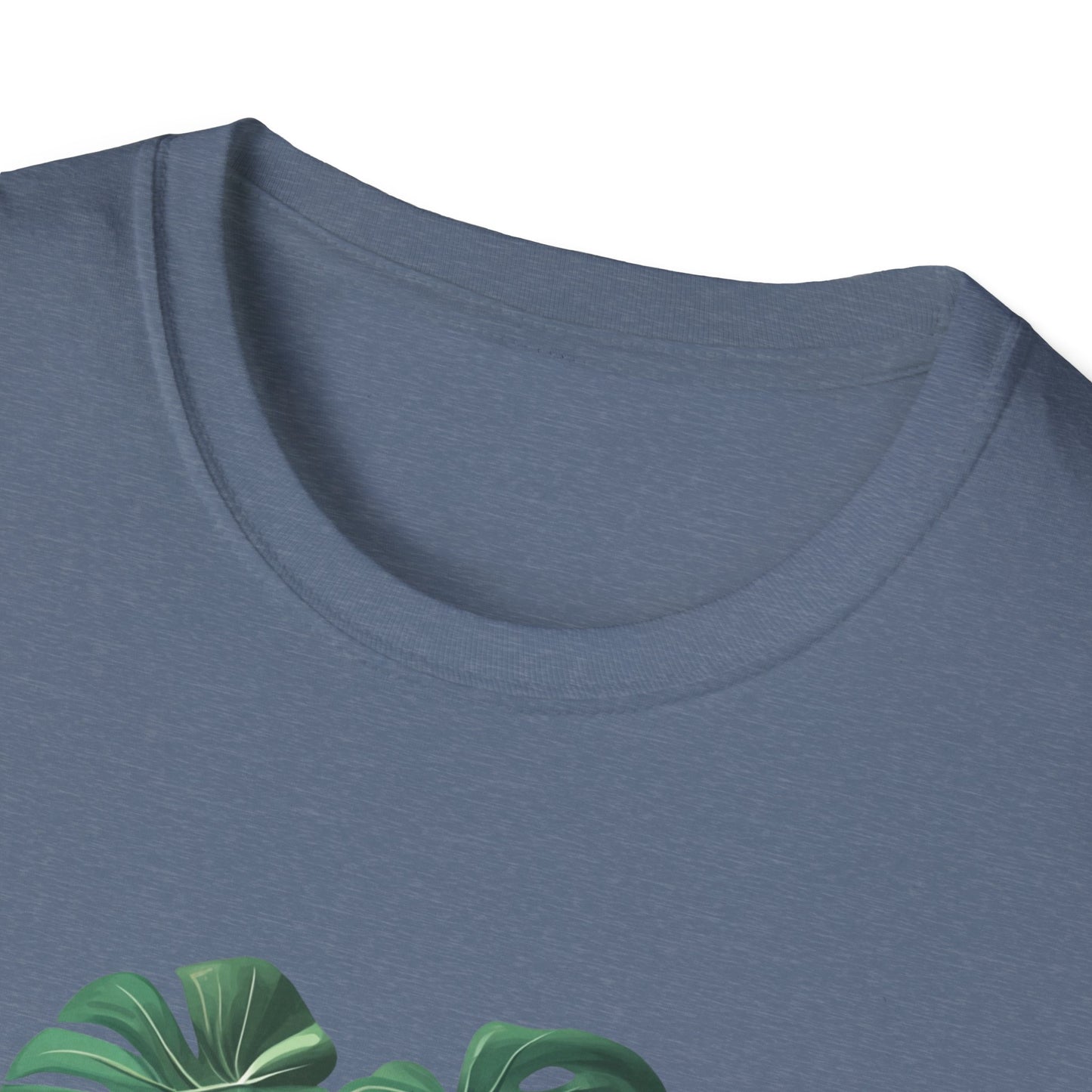 Close-up of a soft cotton monstera deliciosa t-shirt featuring a unique leaf design