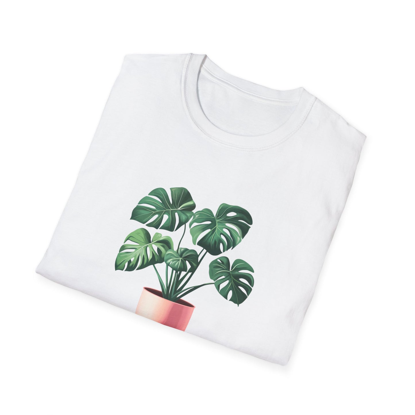 Monstera deliciosa t-shirt featuring a vibrant green plant graphic on a white background