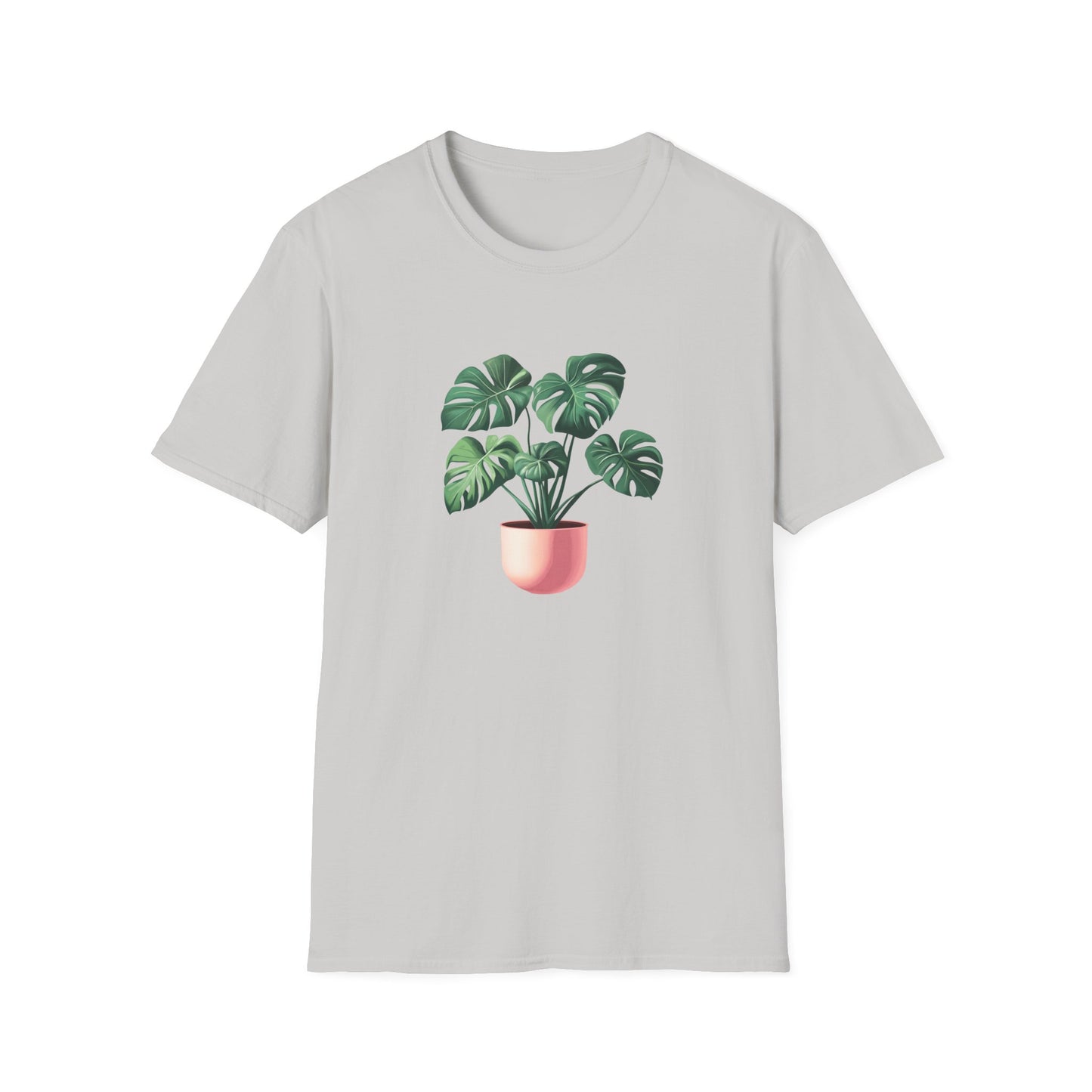 Monstera deliciosa t-shirt featuring a vibrant plant graphic on a light gray background