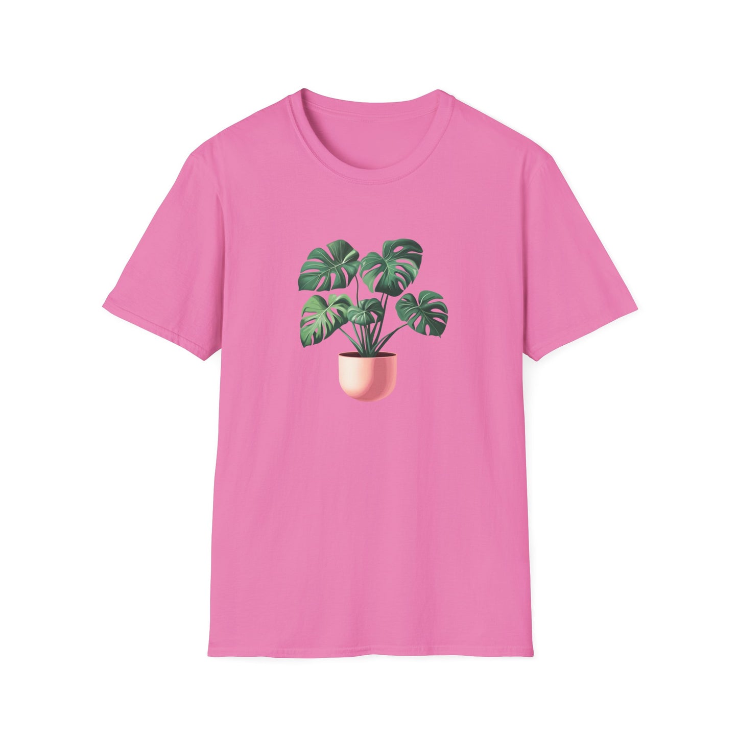 Pink monstera deliciosa t-shirt featuring a vibrant plant graphic on the front