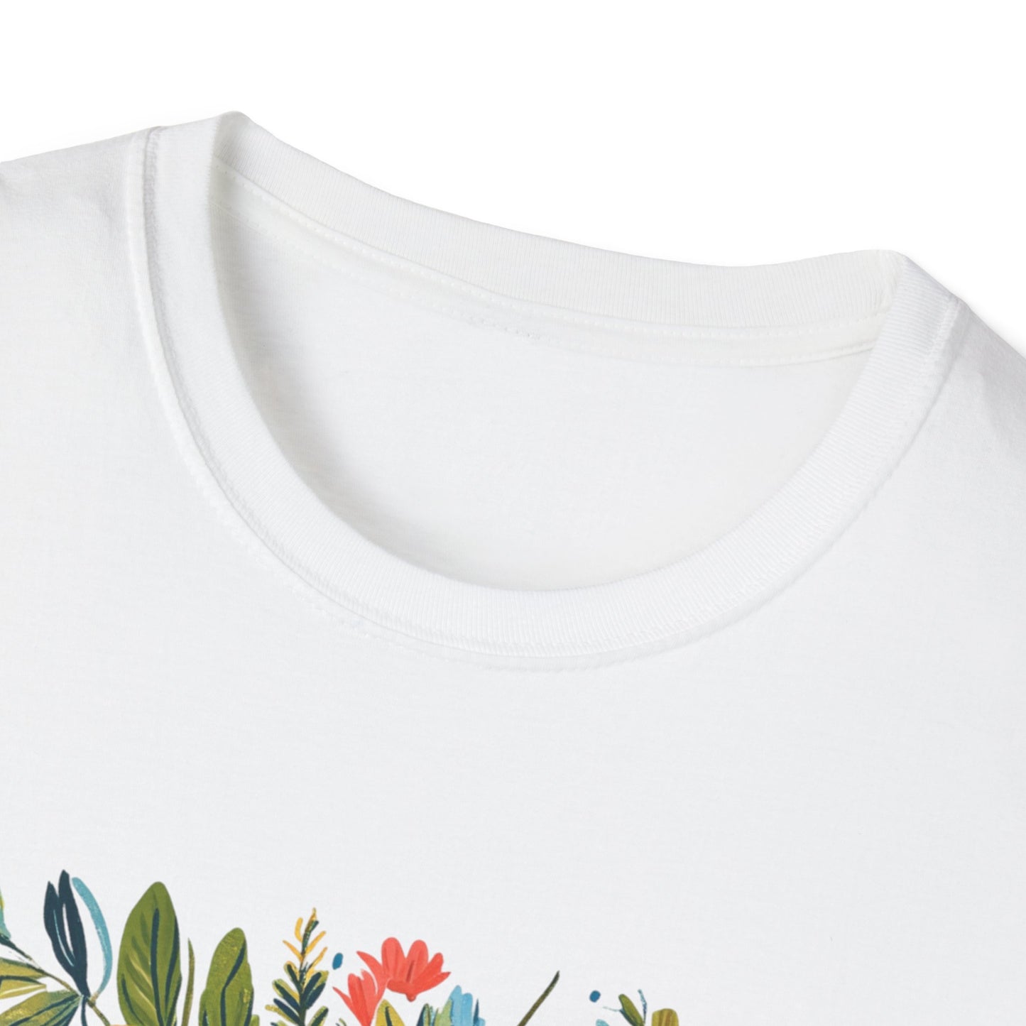 Floral yogi t-shirt featuring vibrant floral designs on a soft white fabric