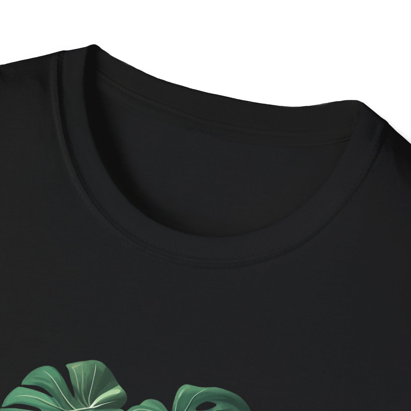 Black monstera deliciosa t-shirt featuring a vibrant leaf print design for plant lovers