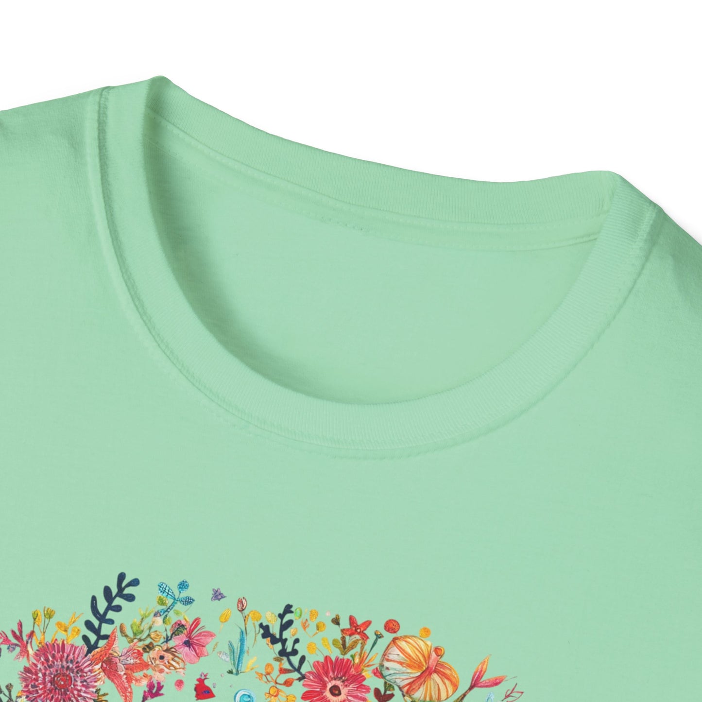 Aquarius floral t-shirt in mint green with colorful floral design on the front
