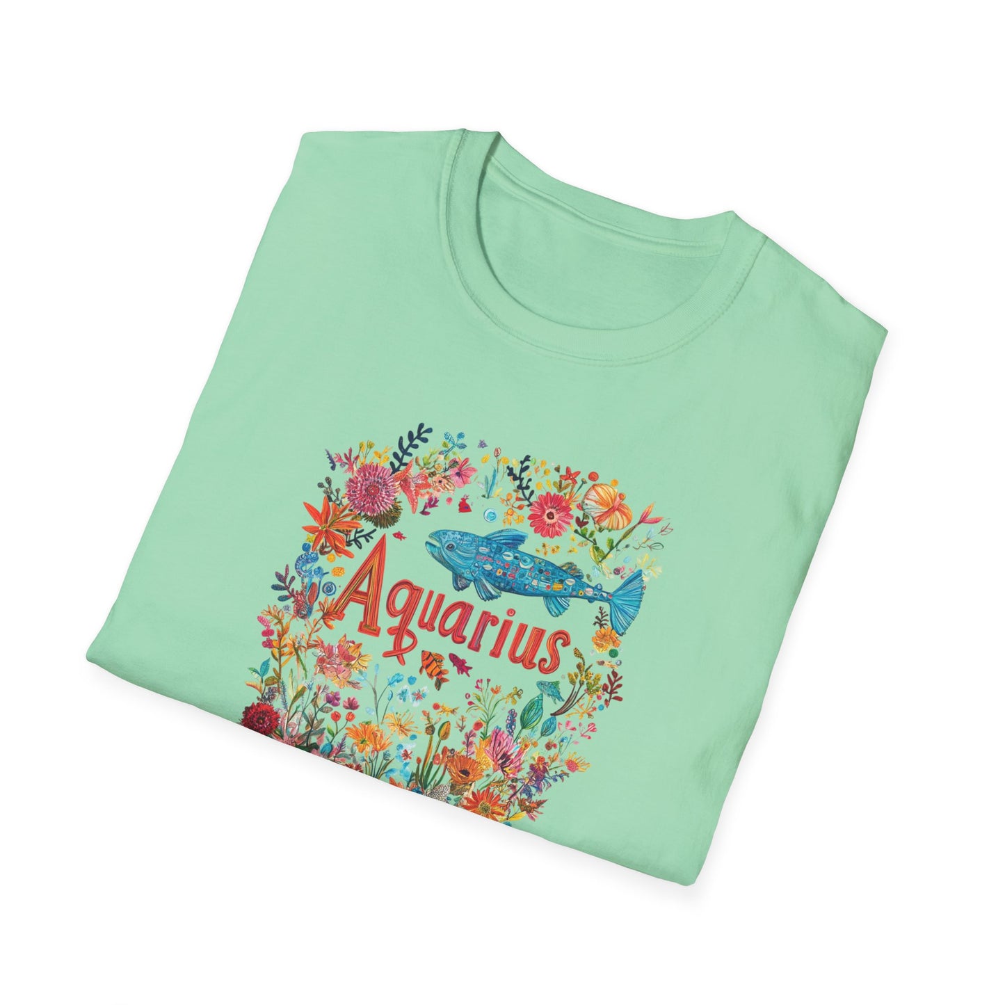 Mint green Aquarius floral t-shirt featuring vibrant floral designs and an artistic zodiac fish
