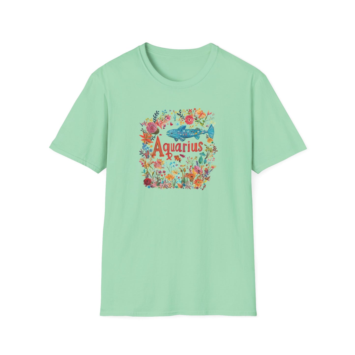 Aquarius floral t-shirt in mint green featuring colorful floral designs and the word Aquarius