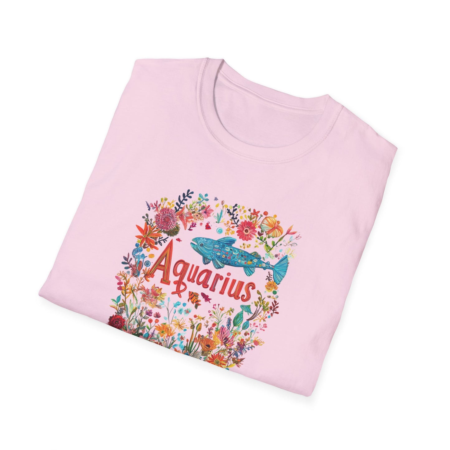 Aquarius floral t-shirt featuring colorful graphics and a soft pink background