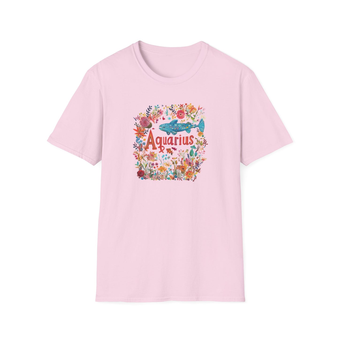 Pink Aquarius floral t-shirt with vibrant floral design featuring the word Aquarius
