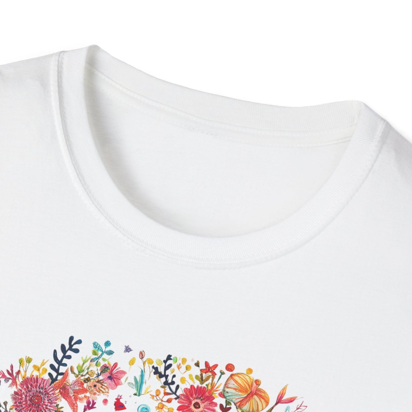 Close-up of Aquarius floral t-shirt featuring colorful floral design on soft fabric