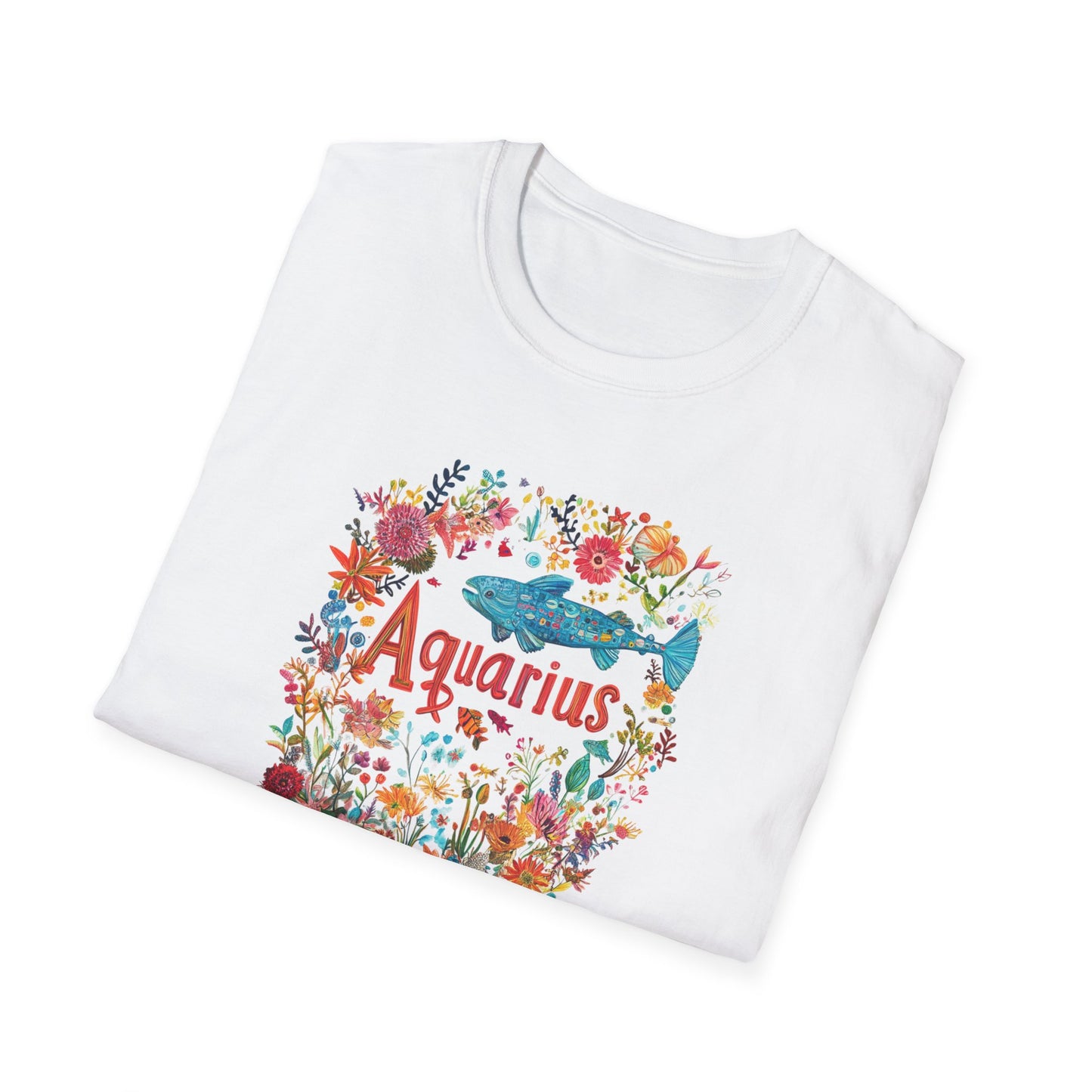 Aquarius floral t-shirt featuring vibrant flowers and a fish design on a white background