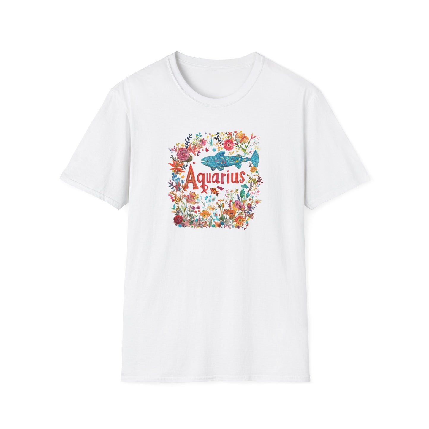 White Aquarius floral t-shirt featuring a colorful floral design with the word Aquarius