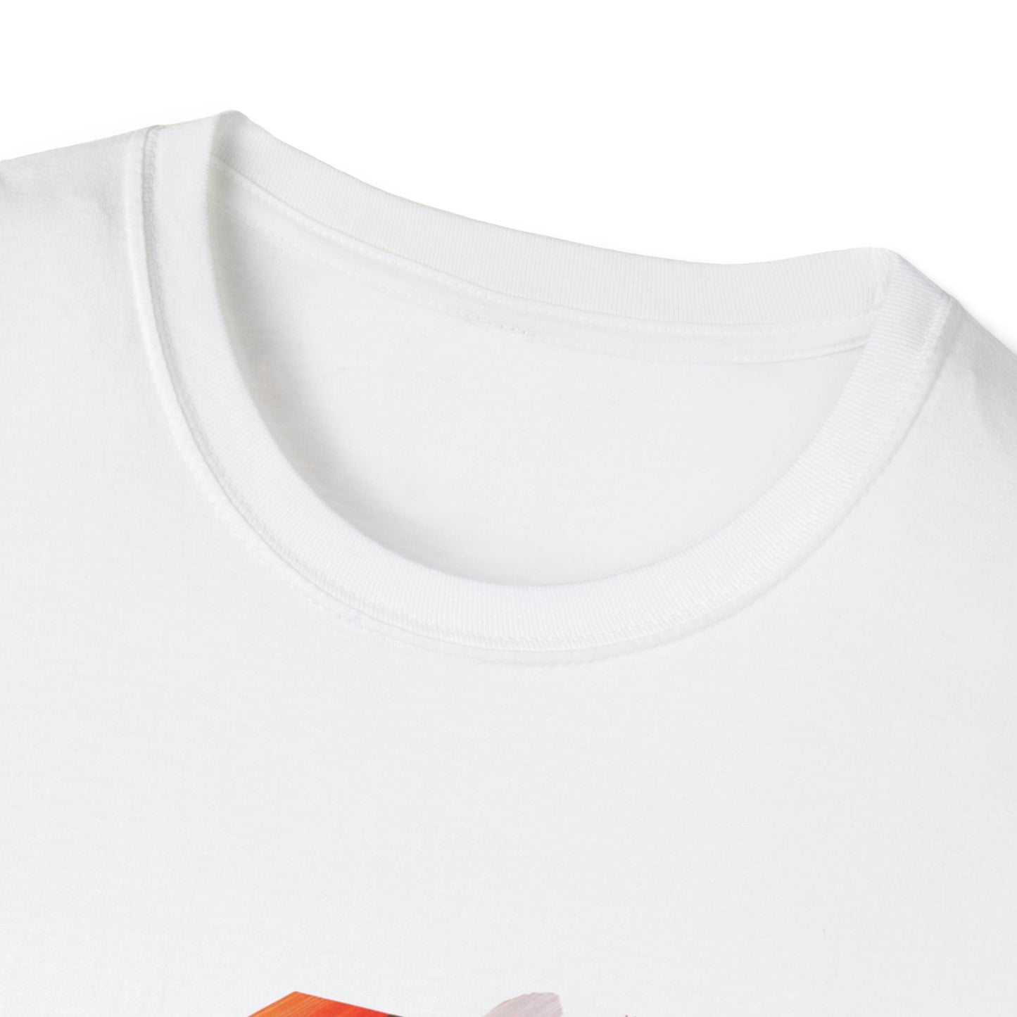 Close-up of a white artistic graphic t-shirt featuring vibrant colors and unique design details
