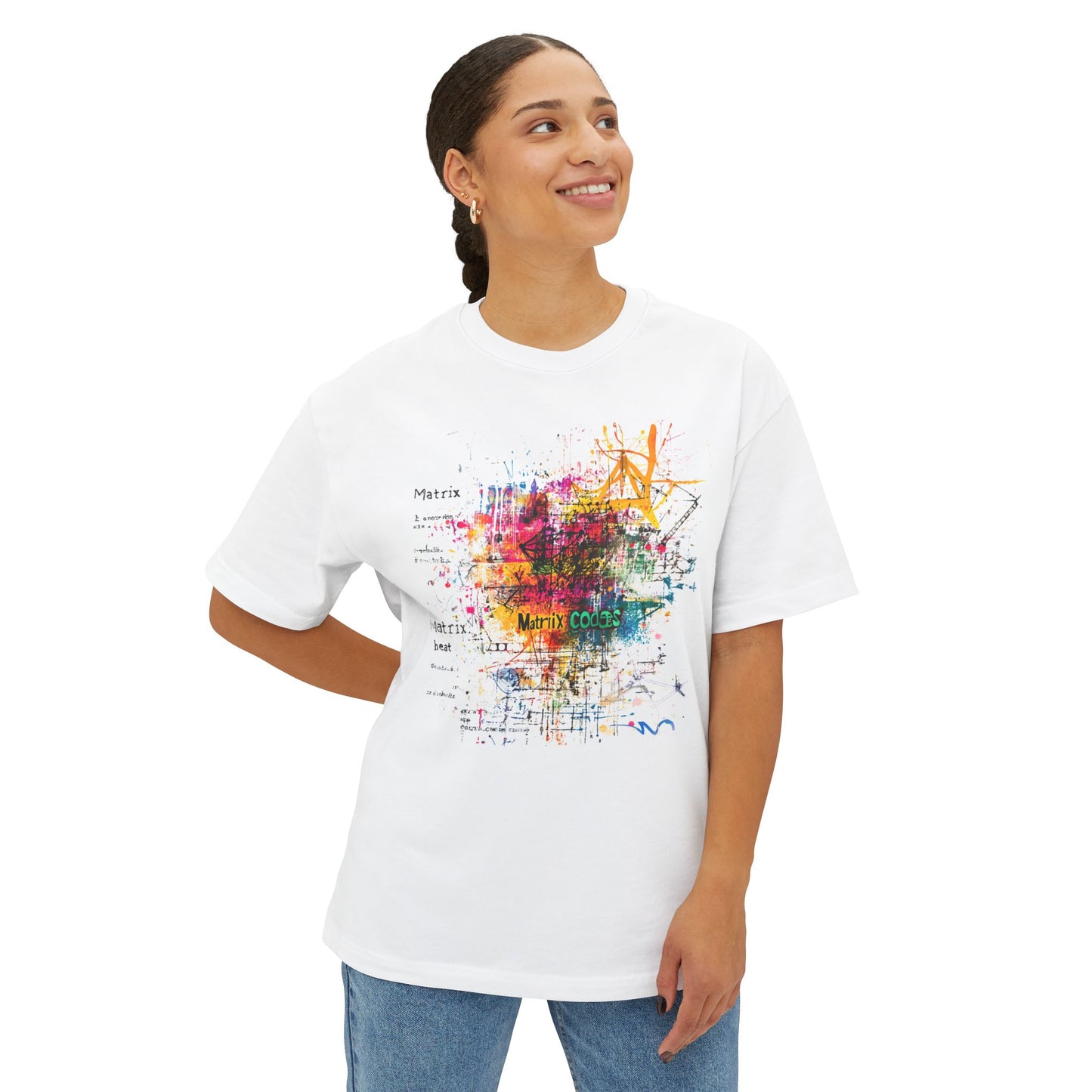 White artistic oversized tee featuring colorful abstract design and creative text elements