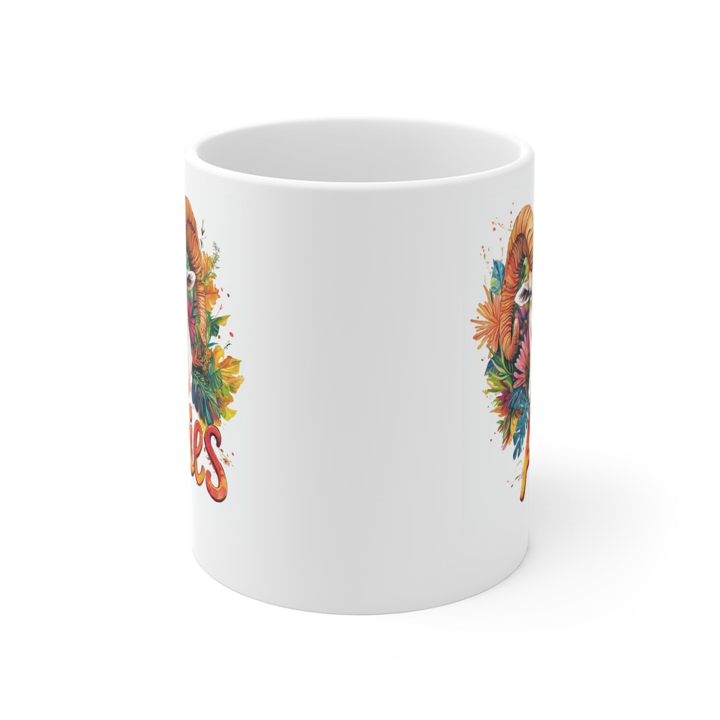 Printify white ceramic aries zodiac mug with colorful ram illustration and floral accent design