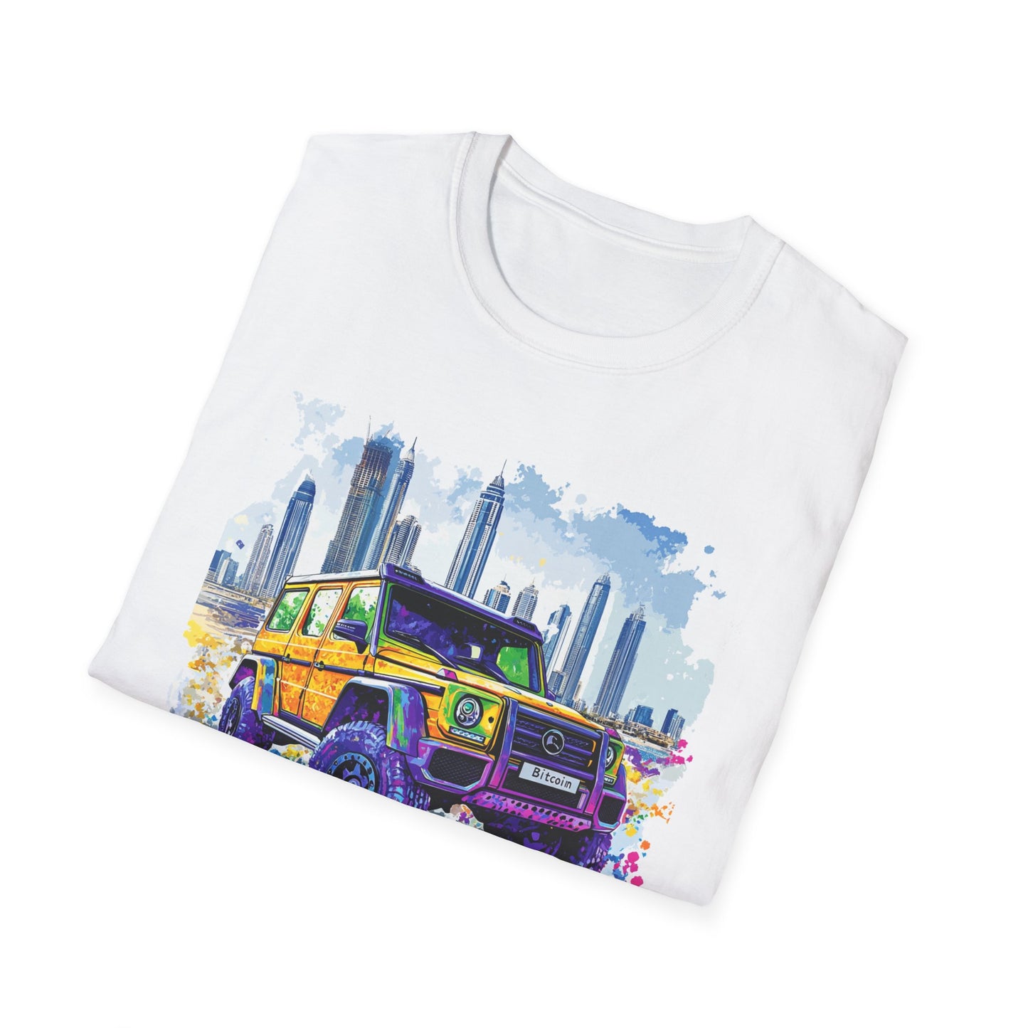 Bitcoin Adventure Unisex T-Shirt featuring a colorful graphic of an off-road vehicle against a city skyline