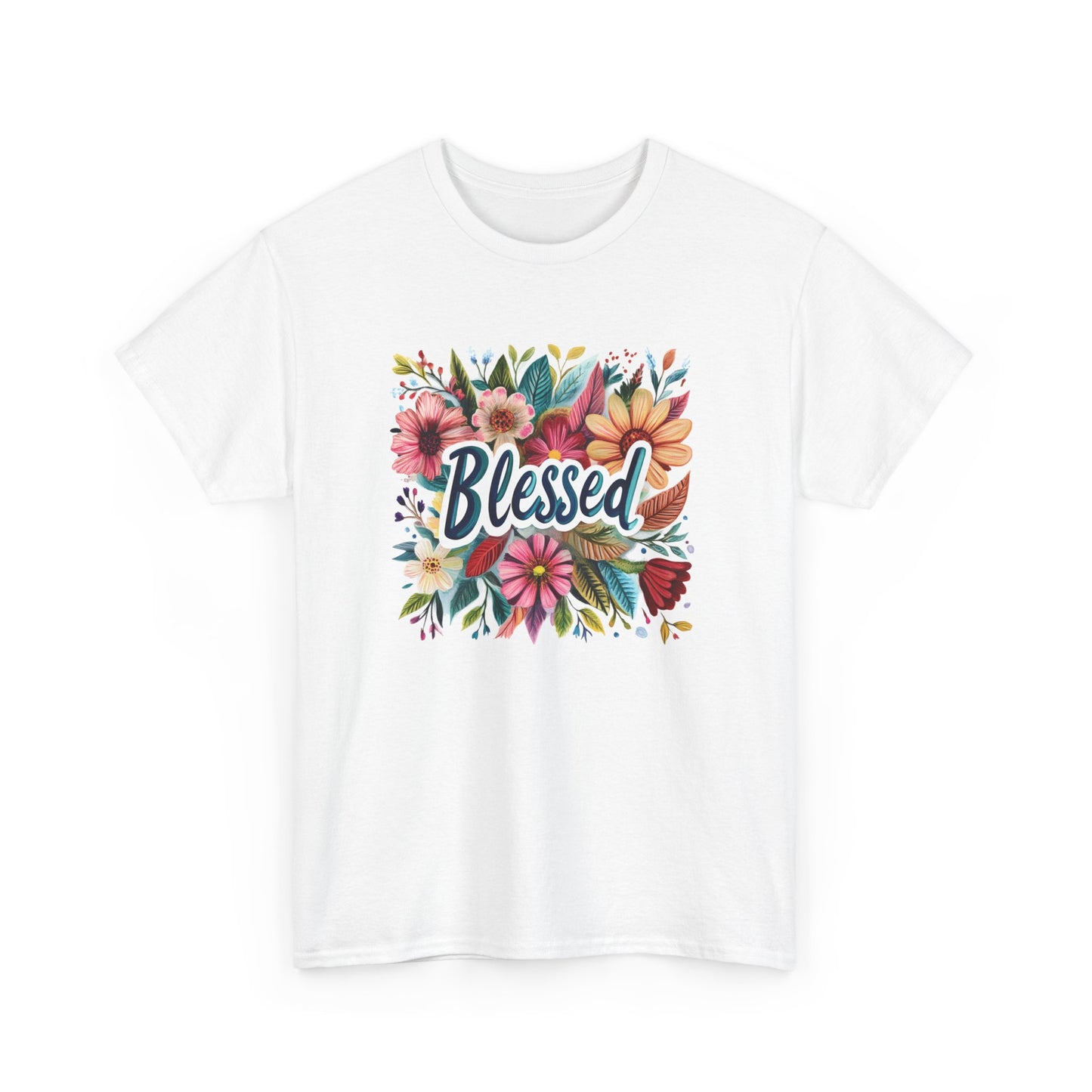 Blessed floral t-shirt featuring vibrant flowers and a bold blessed message on a soft white fabric