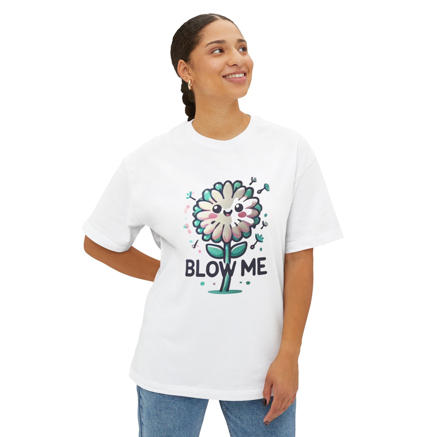 Blow Me Boxy T-Shirt featuring a colorful flower design and playful text on a white background