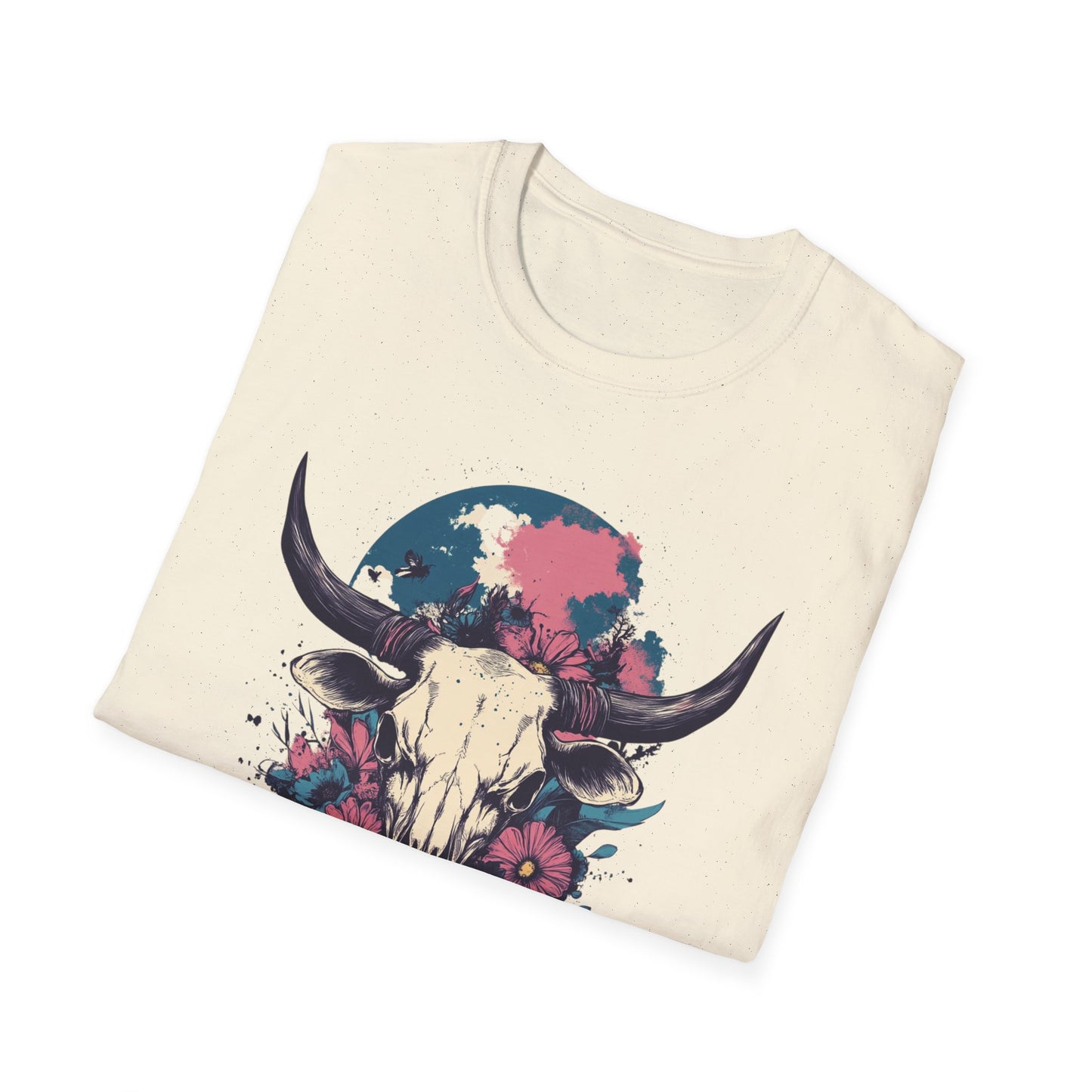 Boho floral skull t-shirt featuring a colorful cow skull design with flowers and a blue circle