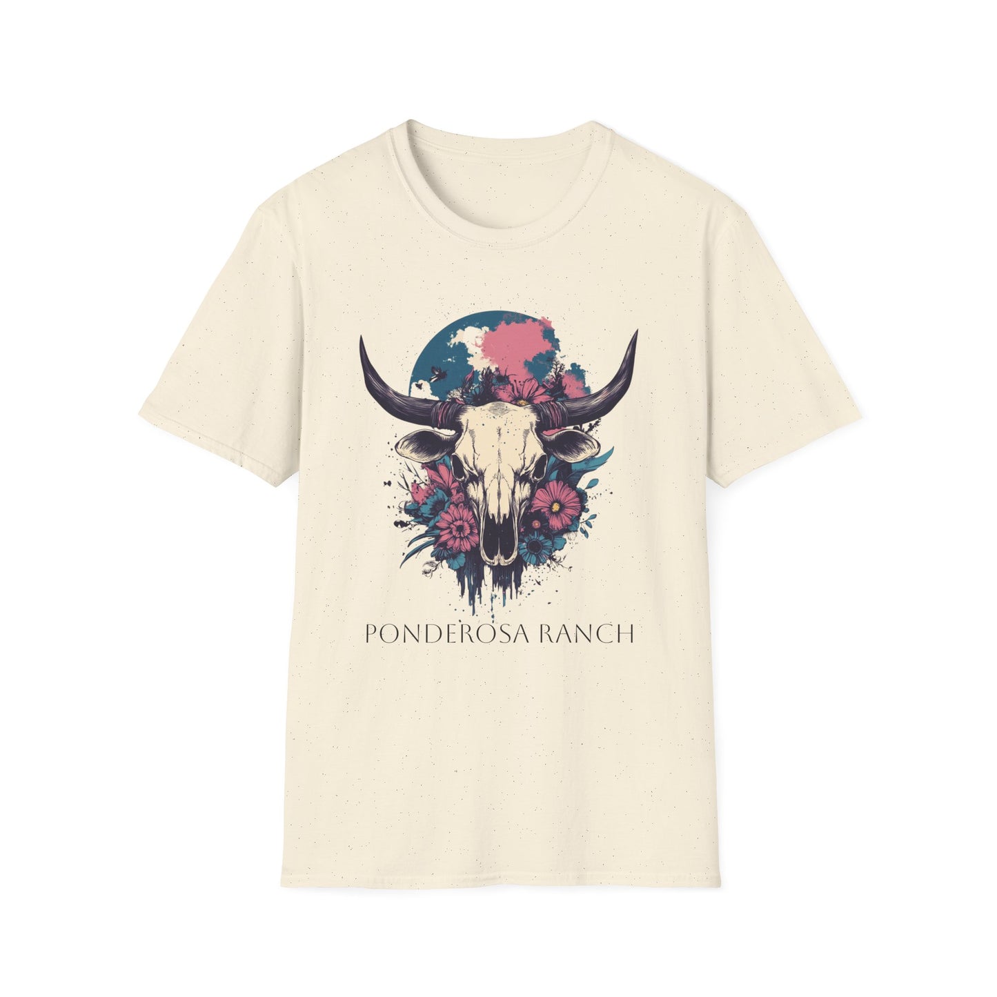 Boho floral skull t-shirt with a bull skull and colorful floral design for a trendy look