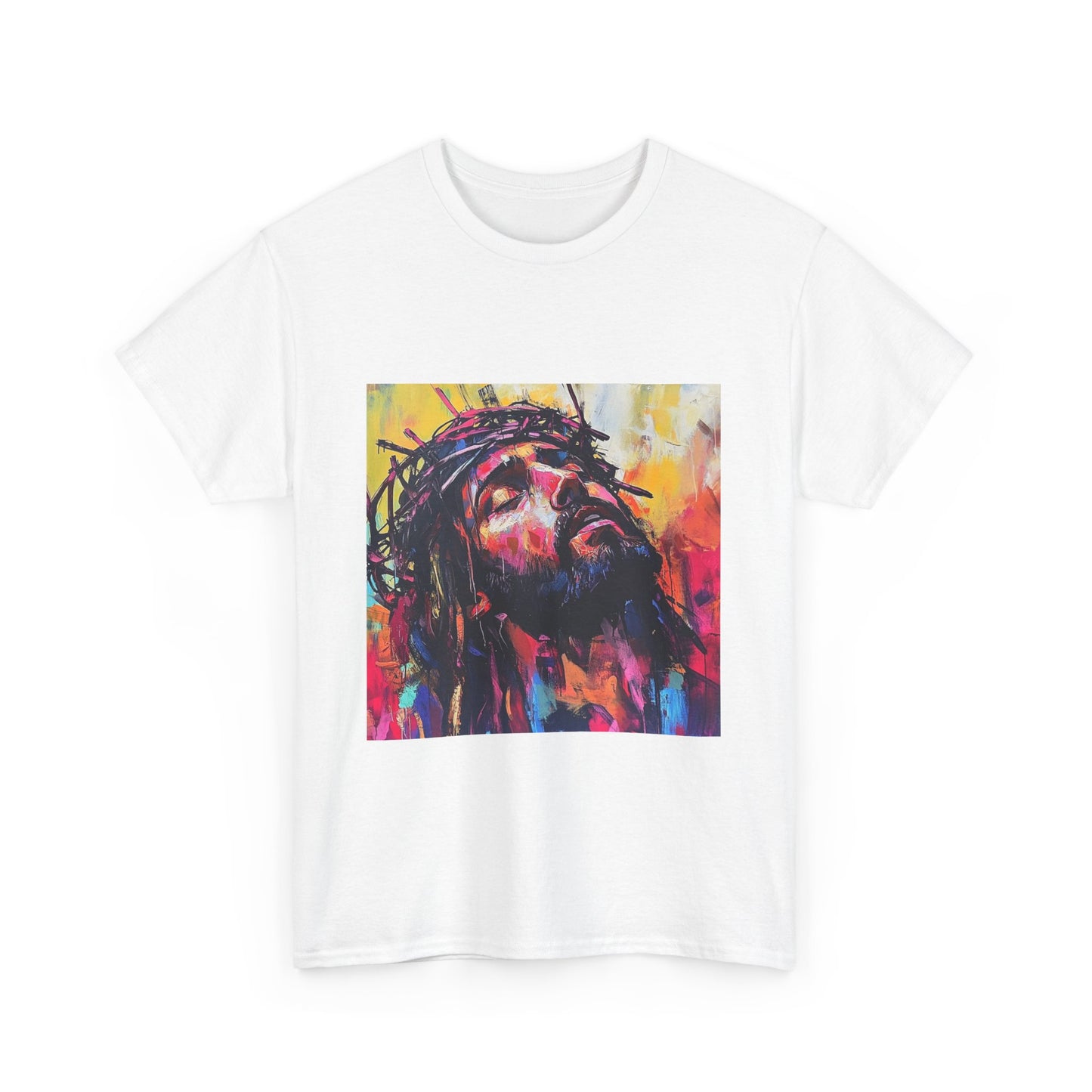 Bold Jesus t-shirt featuring a vibrant artistic depiction of Jesus with a crown of thorns