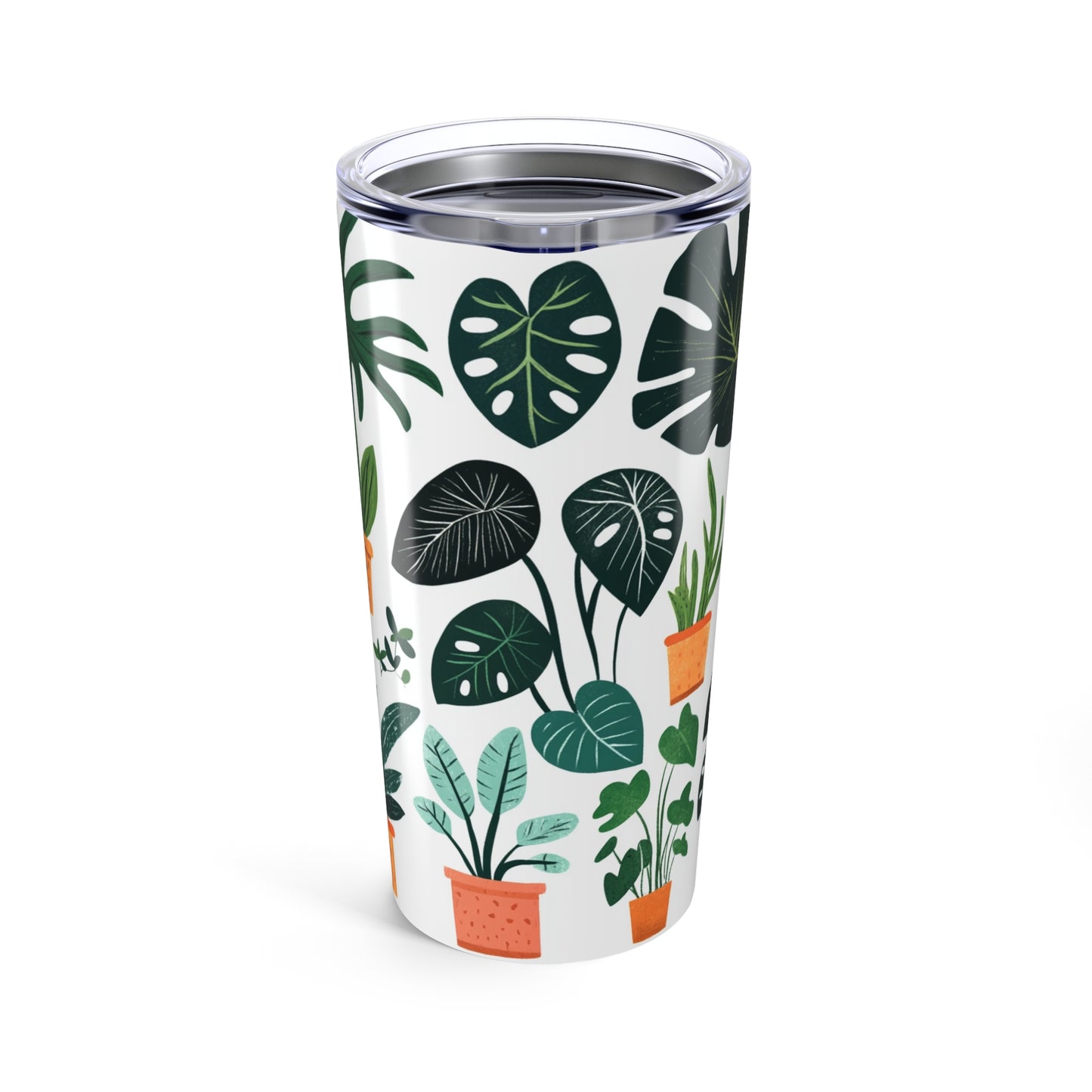 Botanical travel tumbler featuring colorful plant designs in various pots for eco-conscious drinkers