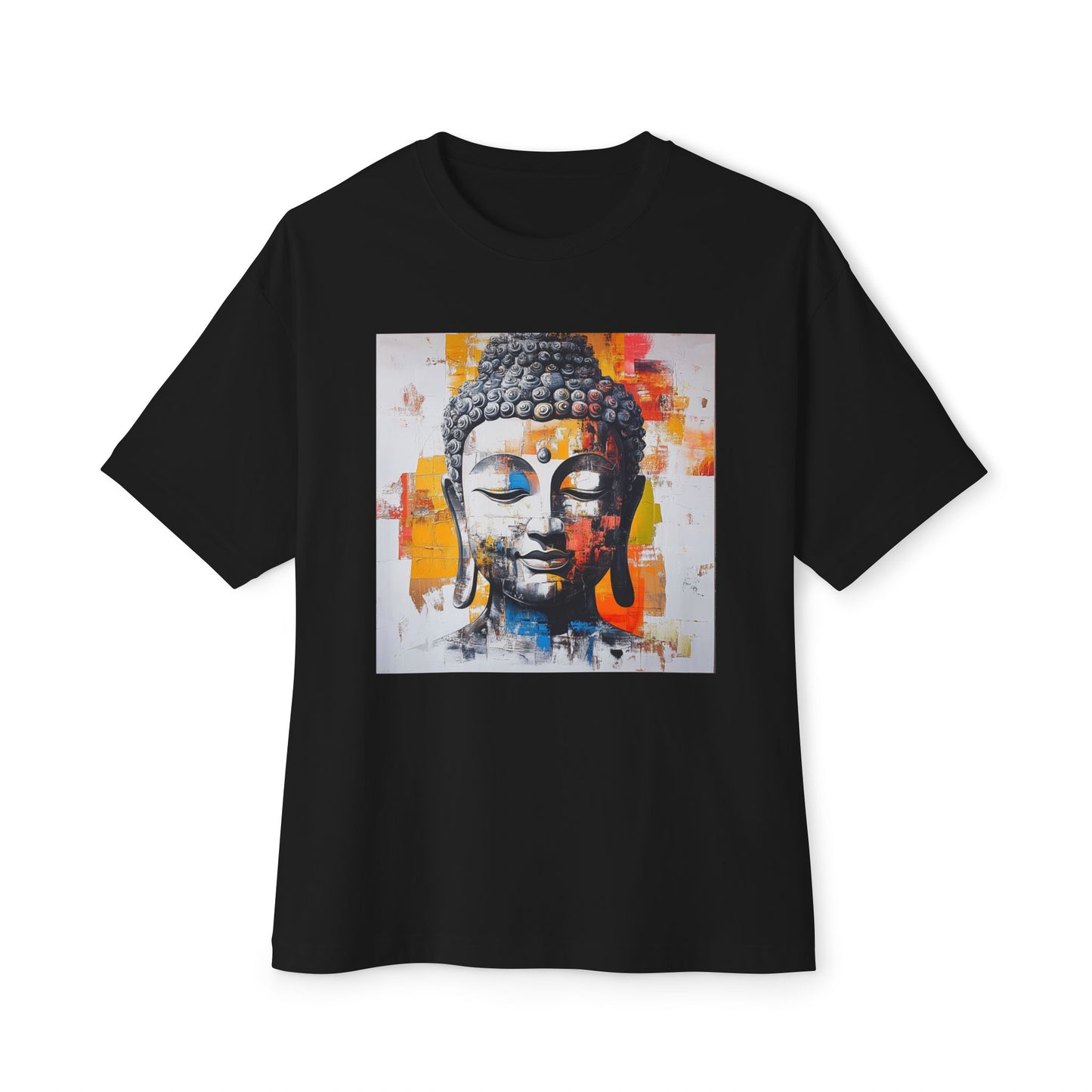 Black Buddha art t-shirt featuring a colorful Buddha face design for spiritual enthusiasts