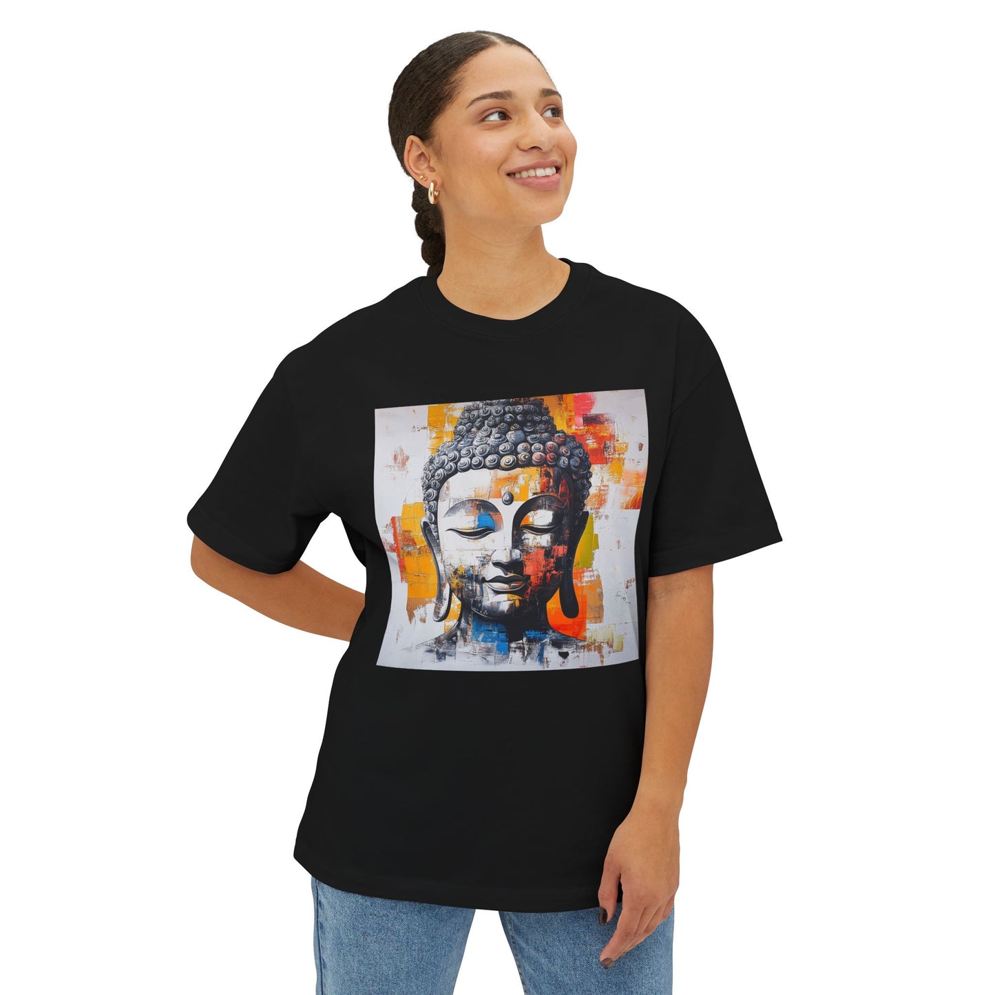 Buddha art t-shirt featuring vibrant graphic print on a black short-sleeve tee