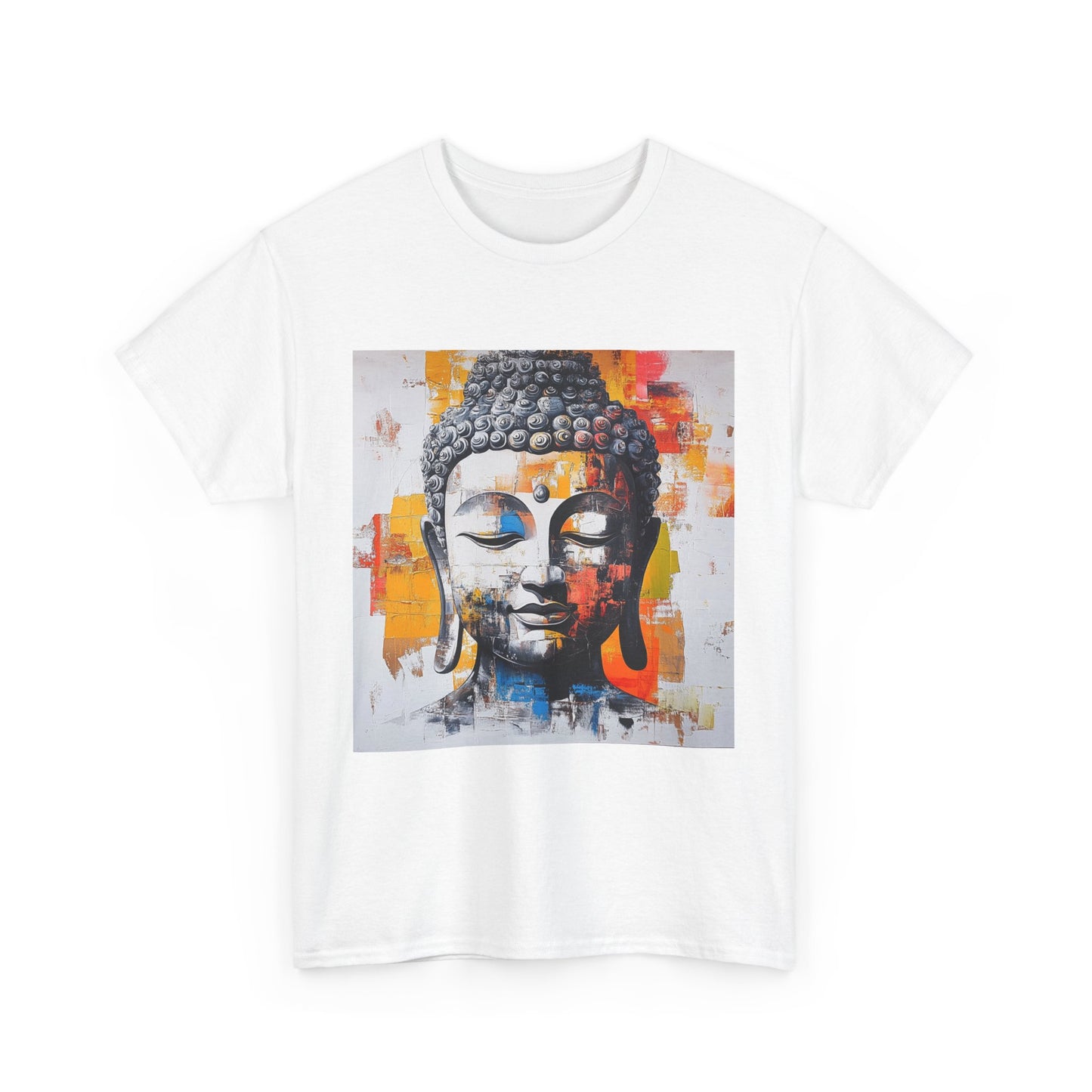Buddha meditation t-shirt featuring a colorful artistic print of a serene Buddha face