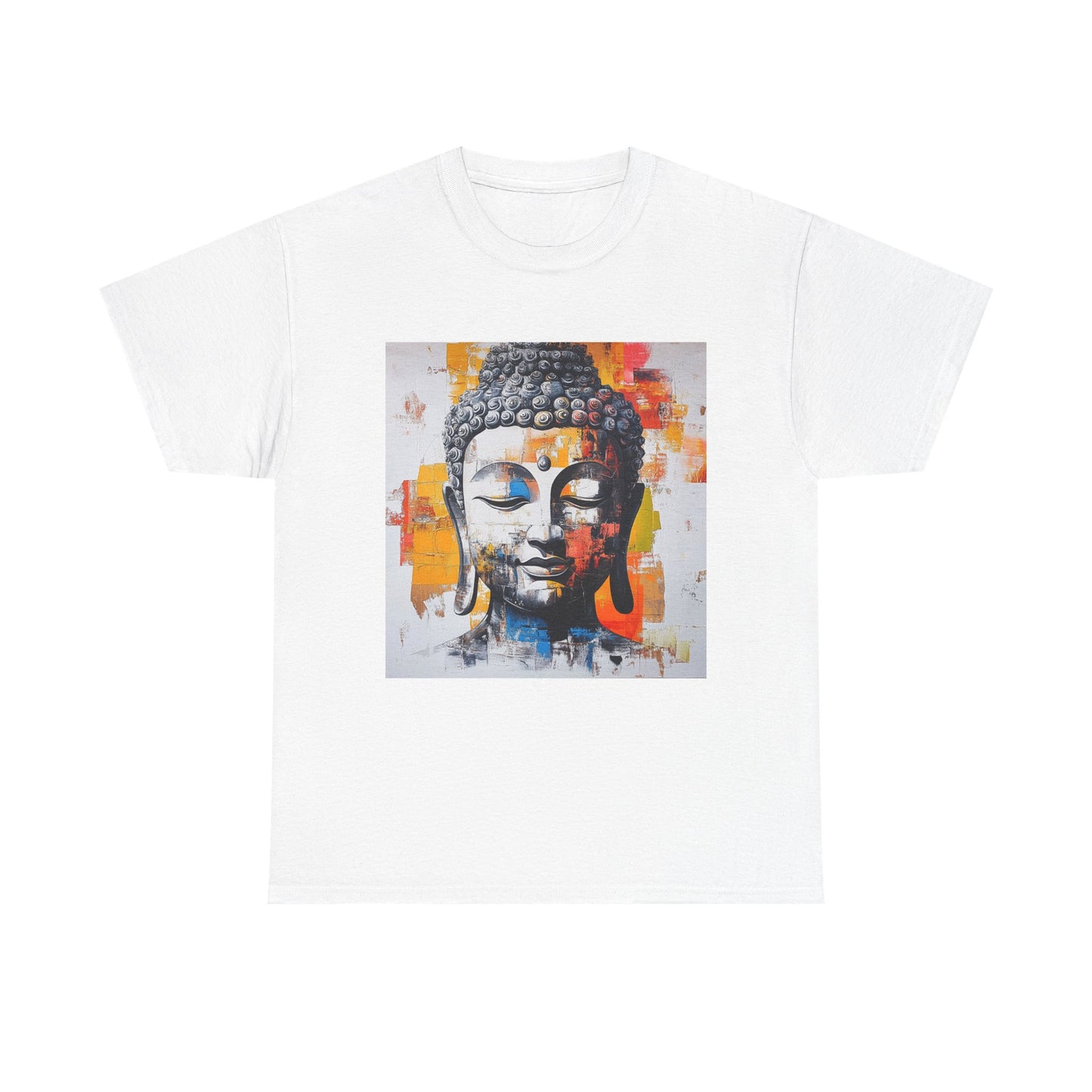 Stylish Buddha meditation t-shirt featuring a colorful Buddha graphic on a white background