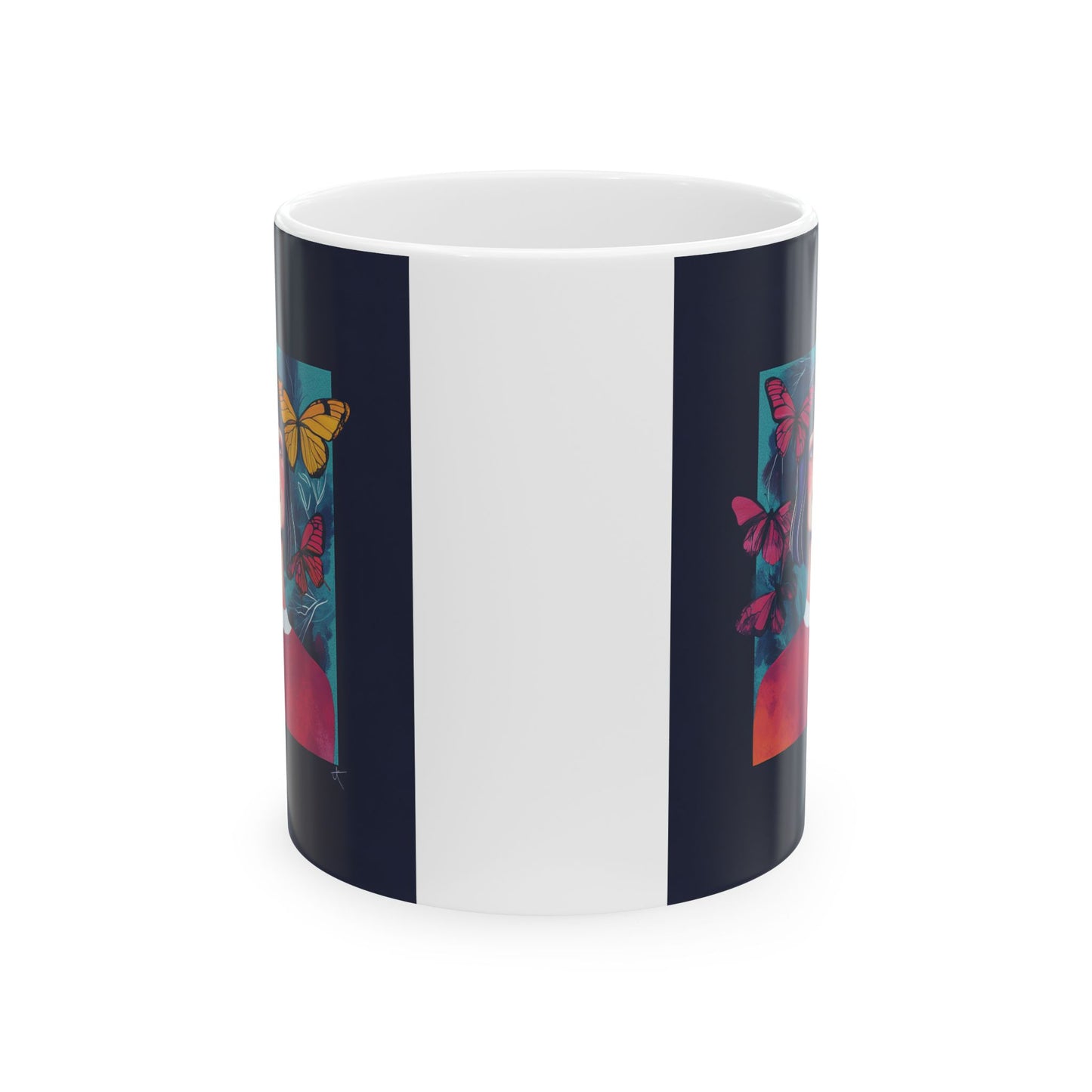 Butterfly girl ceramic mug featuring colorful butterfly designs on a dark background
