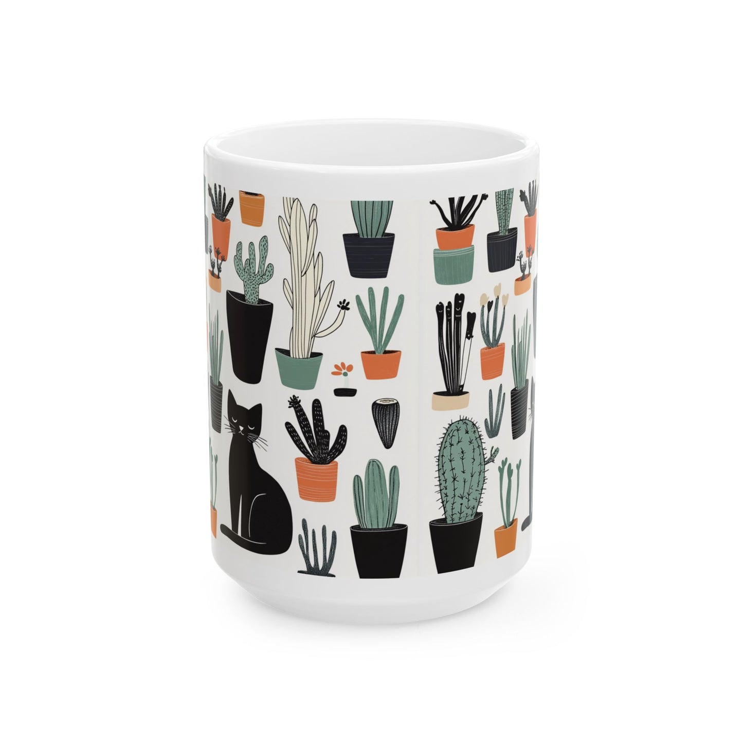 Cactus cat mug featuring playful cat and various cactus designs in colorful pots