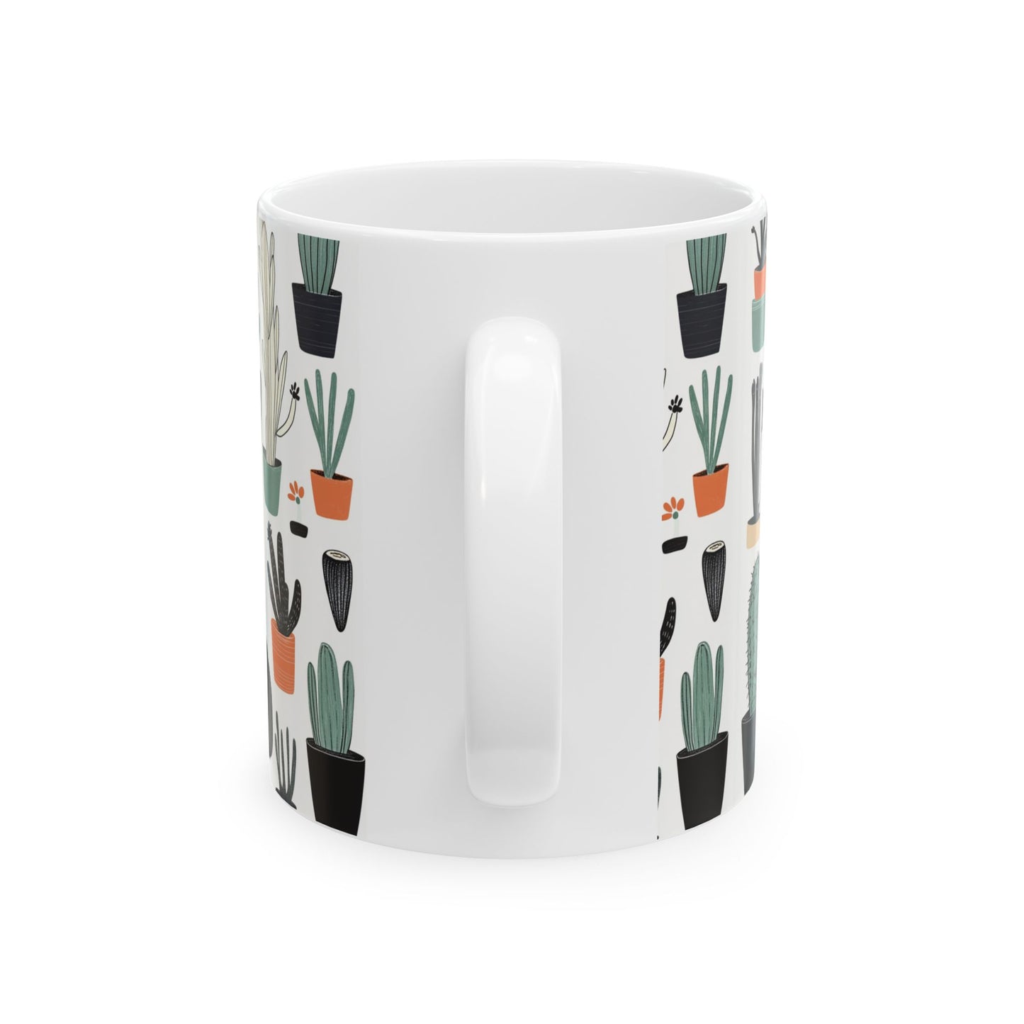 Cactus cat mug featuring a playful design with various succulents in colorful pots