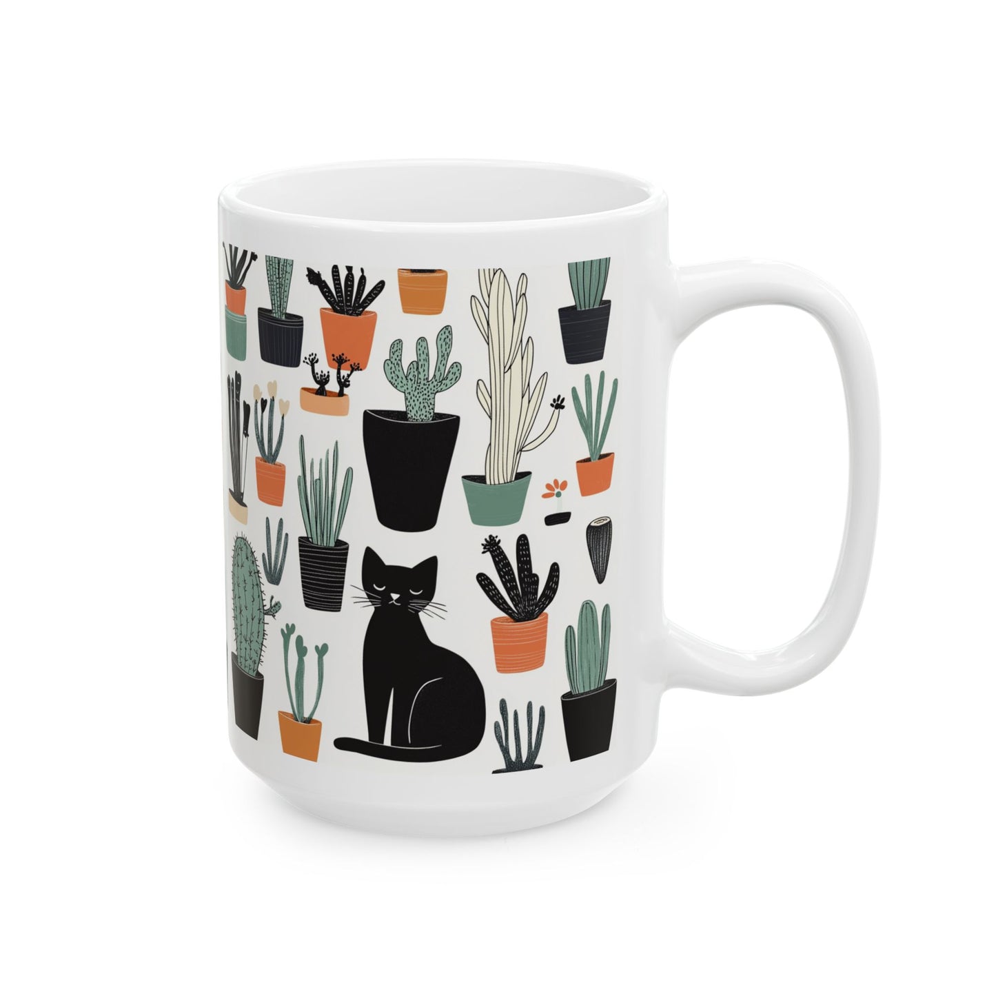 Cactus cat mug featuring black cat among various potted cacti and succulents design