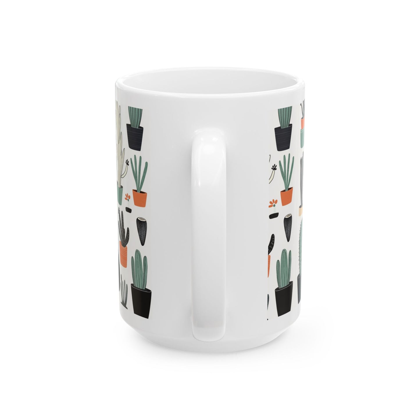Cactus cat mug featuring various potted plants in a playful print ideal for home or office use