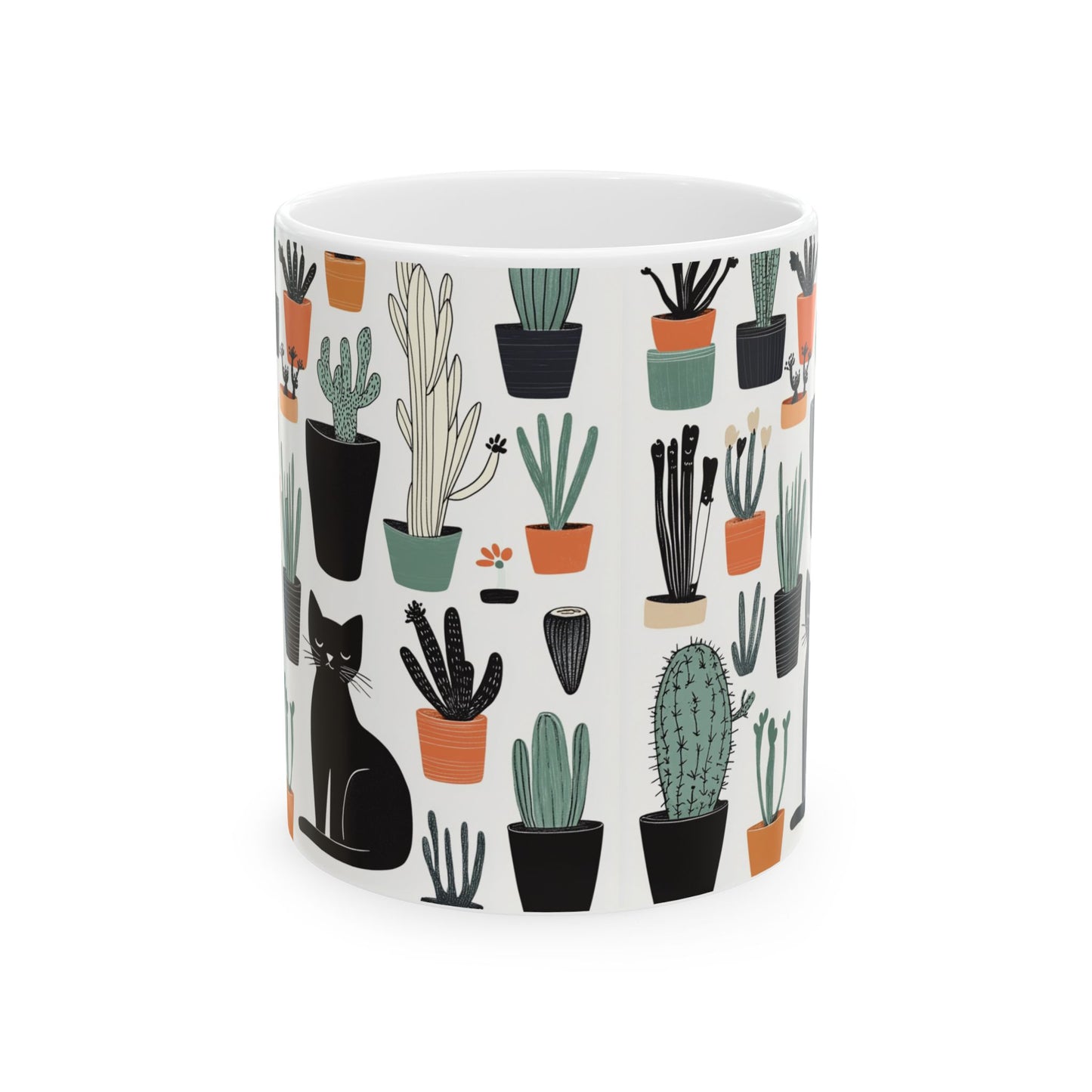 Cactus cat mug featuring a playful design with various cacti and a black cat
