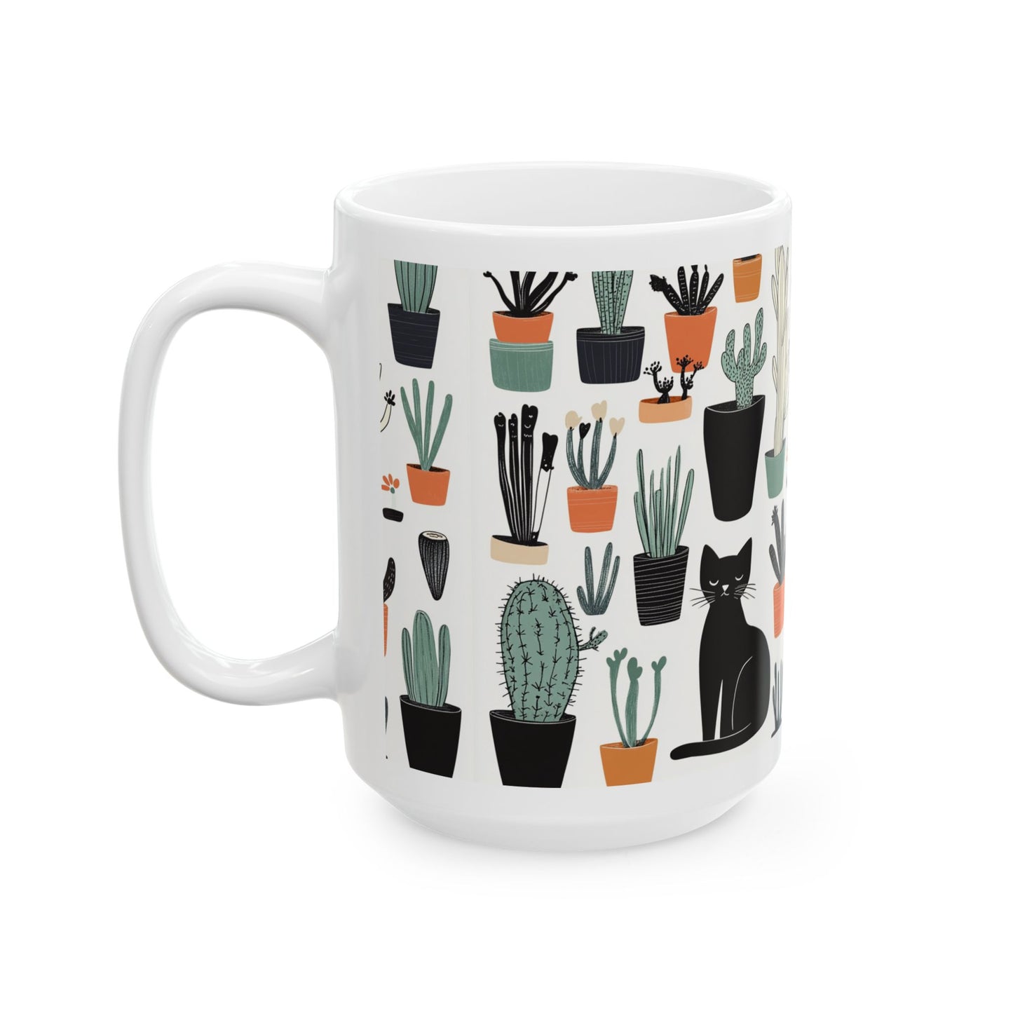 Cactus cat mug featuring a playful design with black cat and various potted cacti
