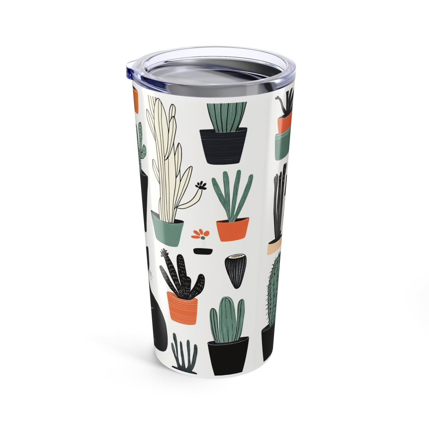 Colorful cactus cat tumbler featuring various potted plants in a modern design