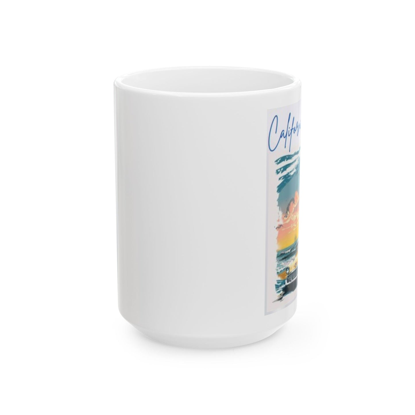 California Dreamin mug featuring a colorful sunset design over the ocean for beach lovers