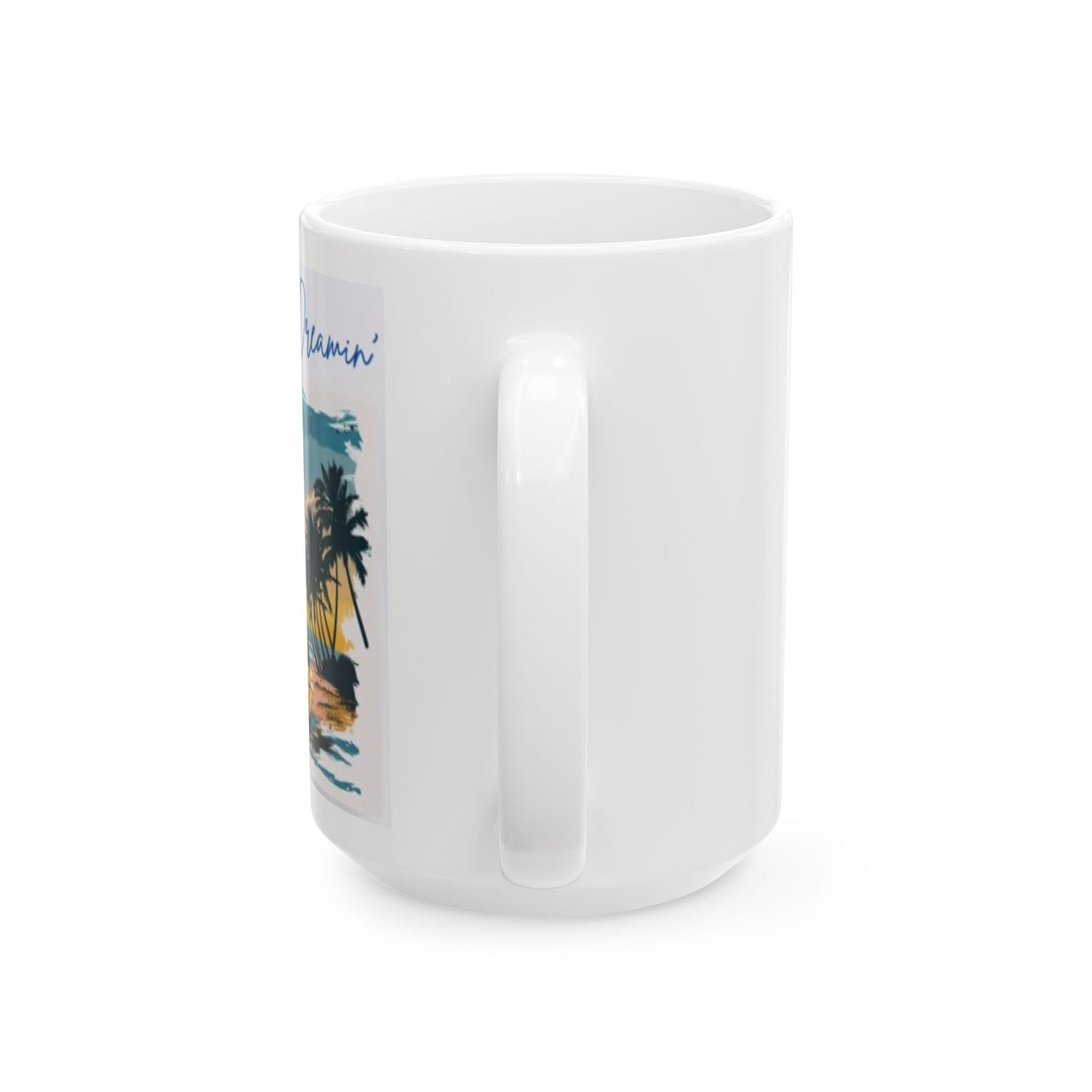 California Dreamin mug featuring a scenic beach design with palm trees and vibrant colors