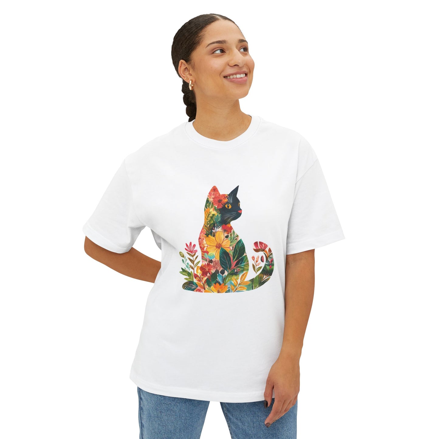 Cat oversized t-shirt featuring a floral design and a comfortable fit for casual wear