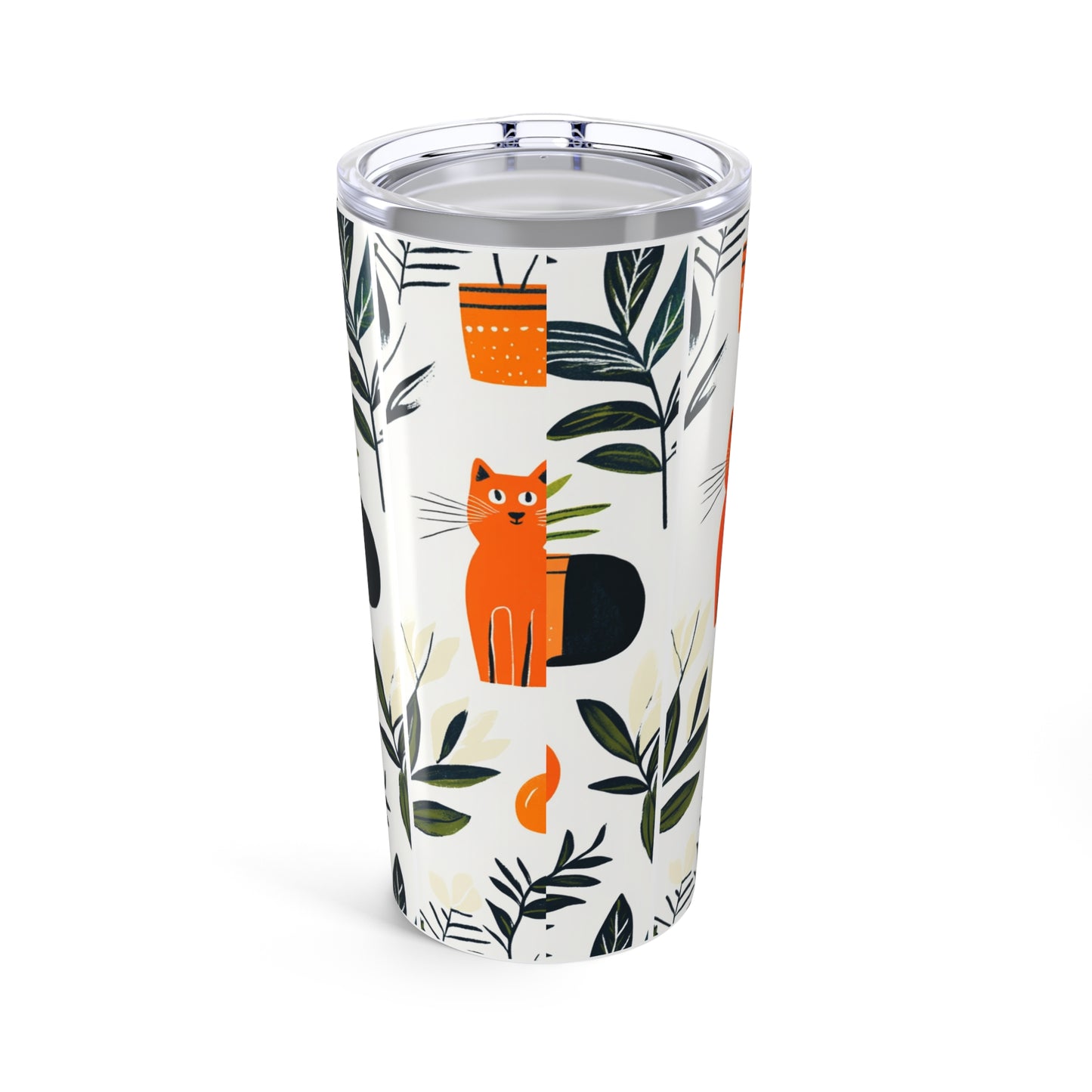 Cat print tumbler 20oz with vibrant orange cat design and leafy patterns for cat lovers