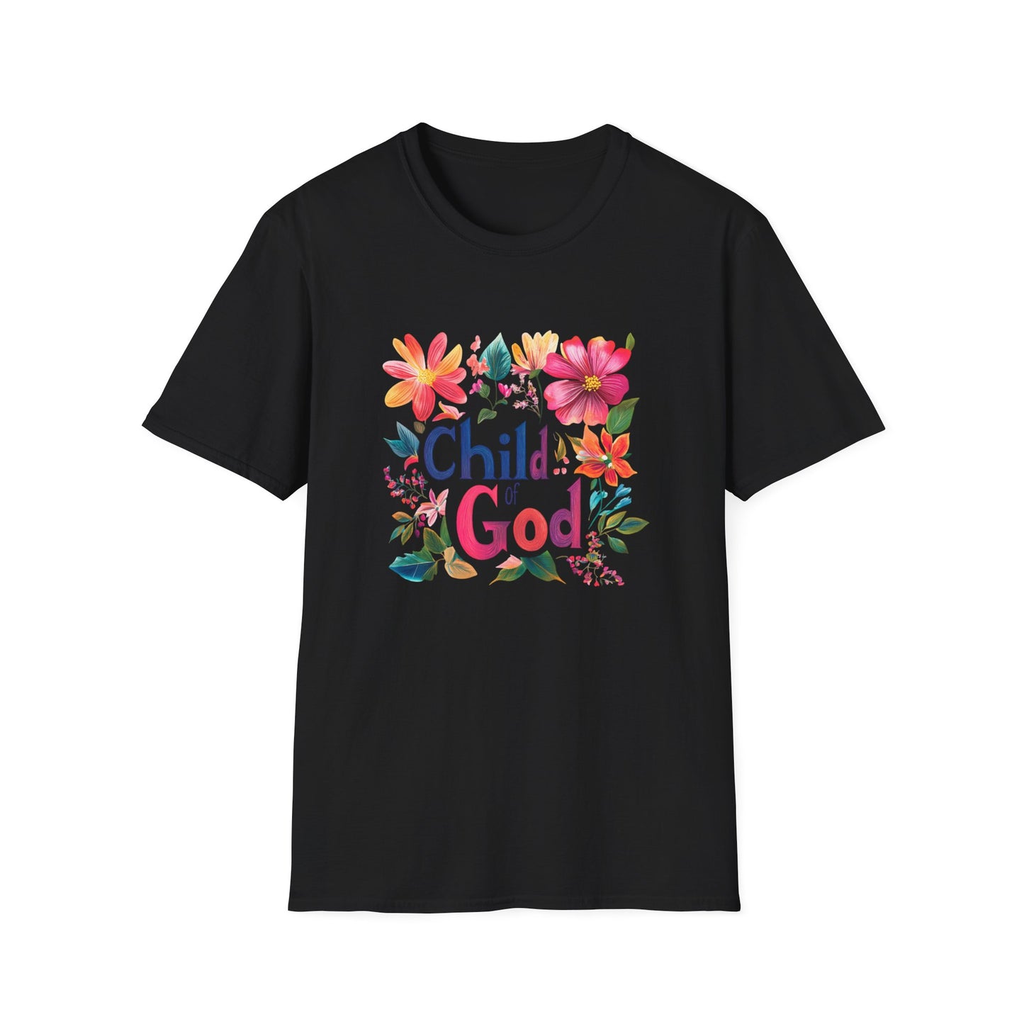 Black Child of God t-shirt featuring colorful floral design for a stylish faith statement