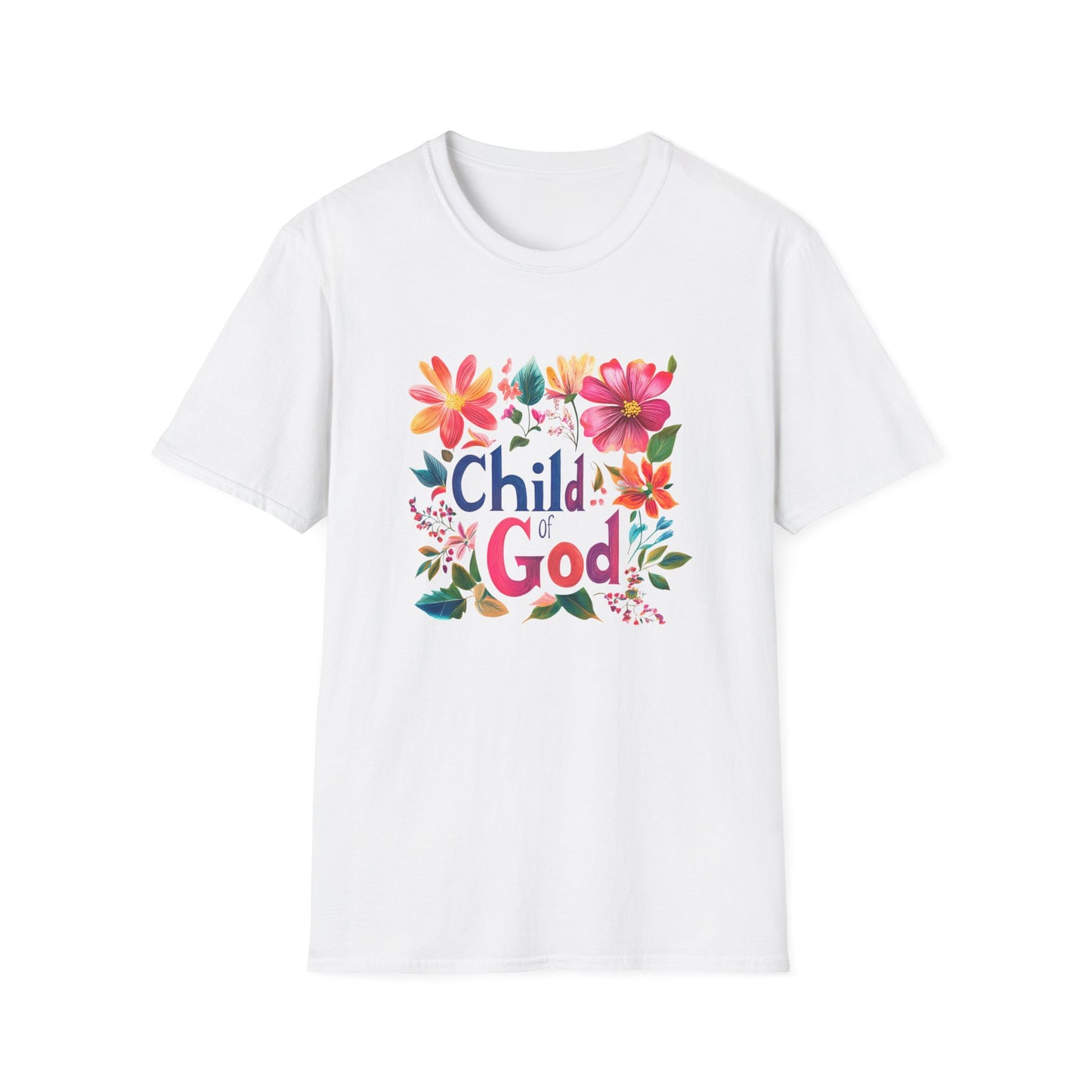 Child of God t-shirt featuring colorful floral design on a white background