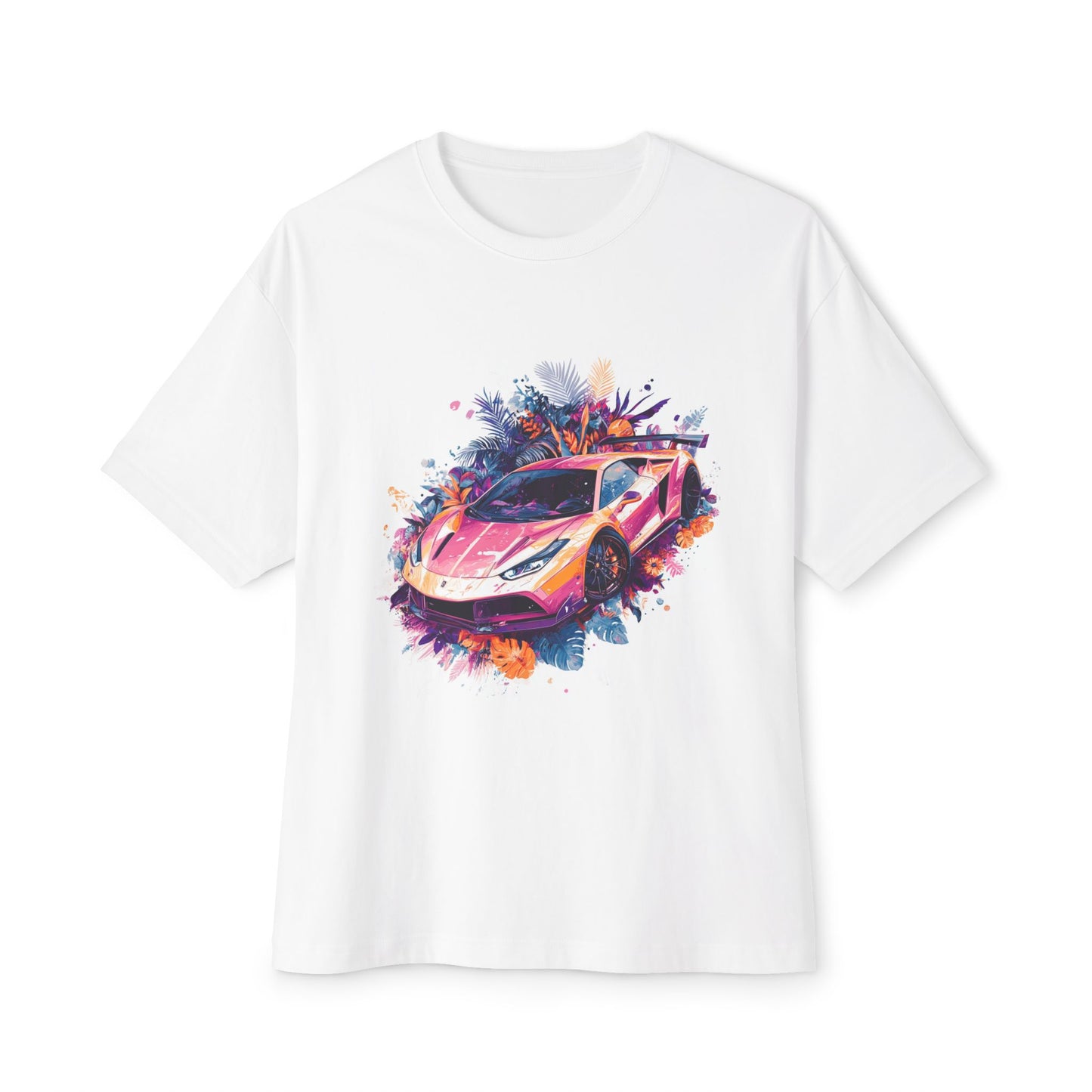 Colorful sports car t-shirt featuring a vibrant graphic design of a racing car against a white background