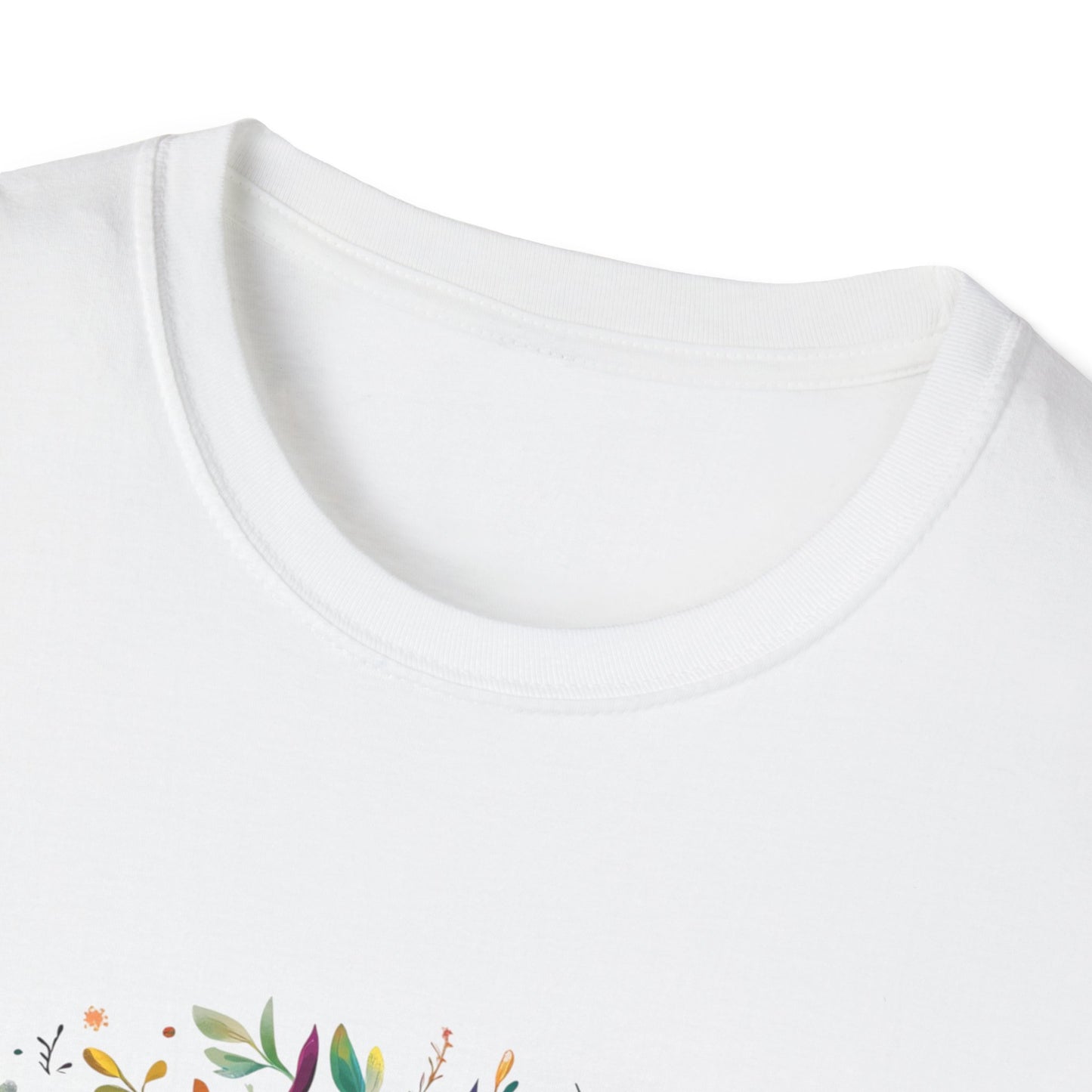 Close-up view of the neckline of a colorful unicorn t-shirt featuring vibrant floral designs