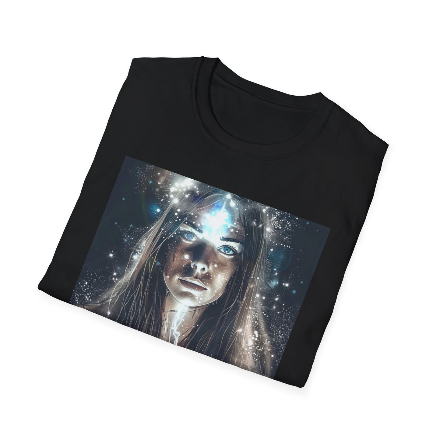 Cosmic dreams t-shirt featuring a cosmic-themed graphic on a black fabric background