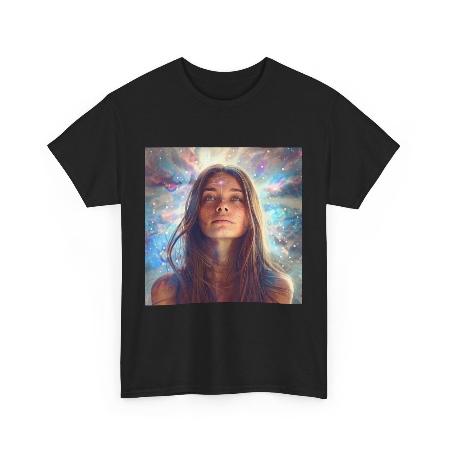 Cosmic vibes t-shirt featuring a stunning design with a woman gazing at a colorful cosmic backdrop.