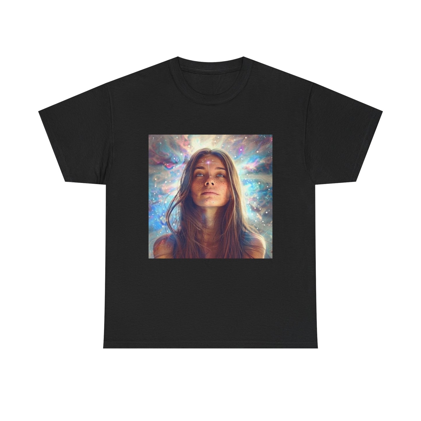 Black cosmic vibes t-shirt featuring a cosmic art design of a woman with a galaxy background