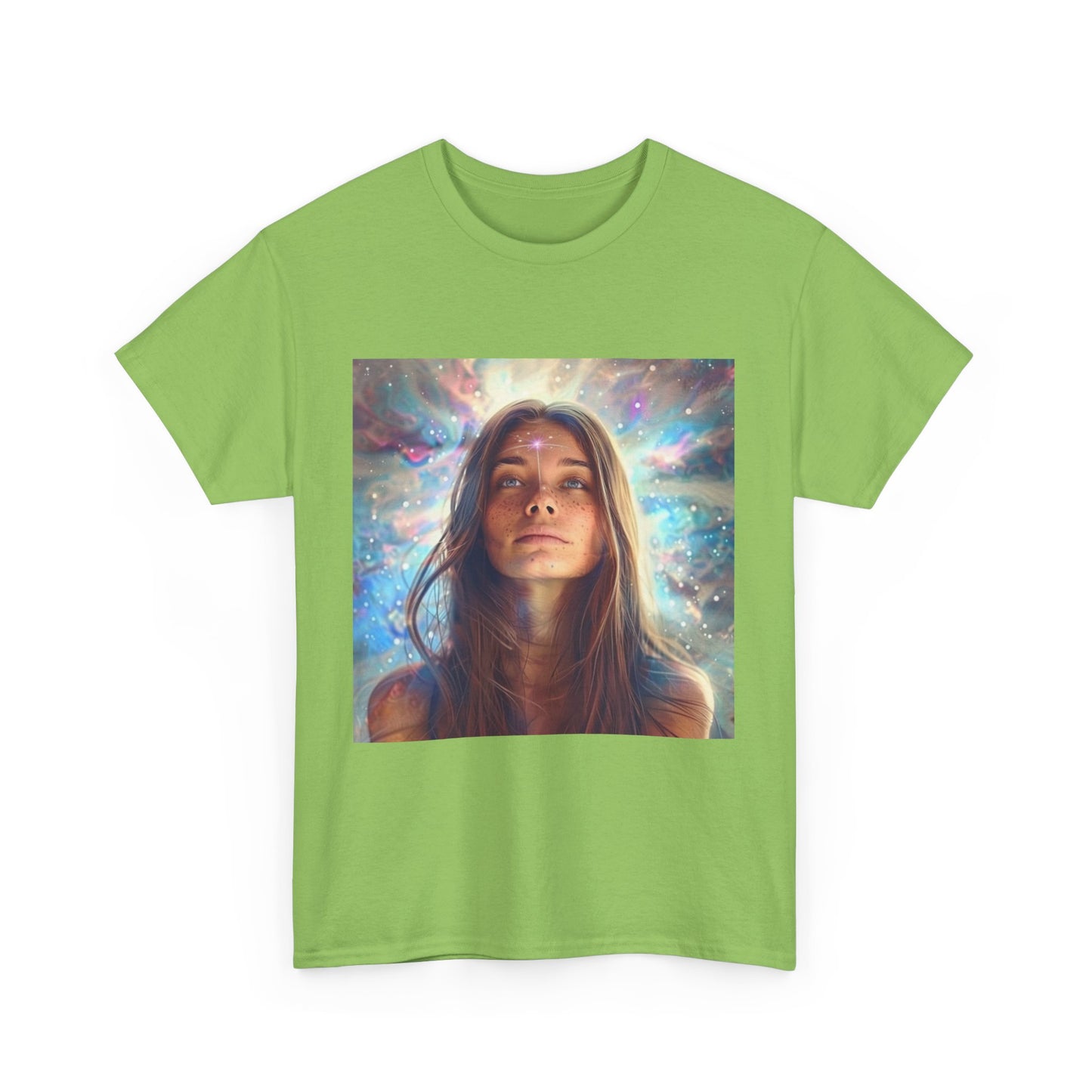 Green cosmic vibes t-shirt featuring a woman gazing upwards with colorful cosmic patterns in the background