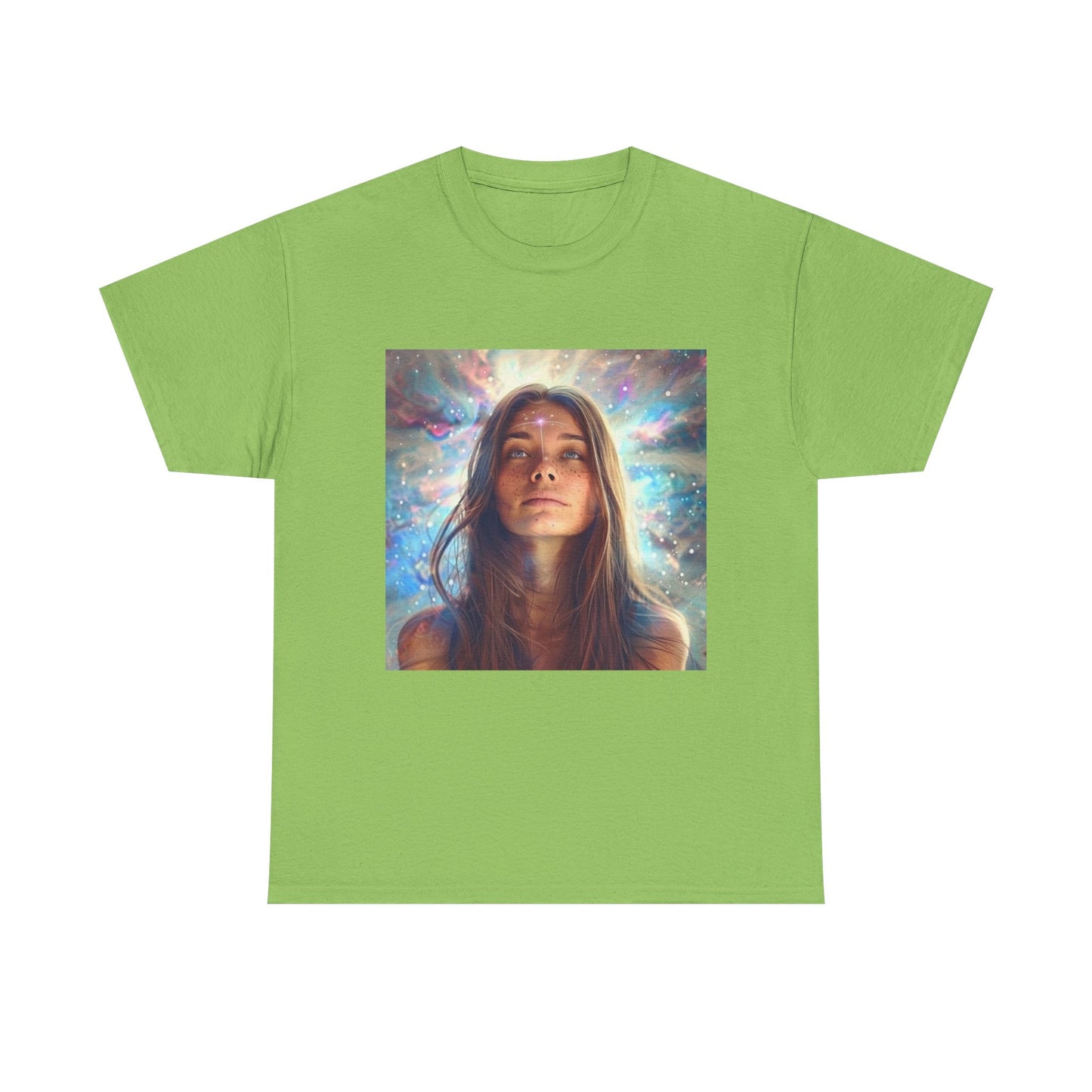 Cosmic vibes t-shirt in green featuring a colorful galaxy print and a serene woman image