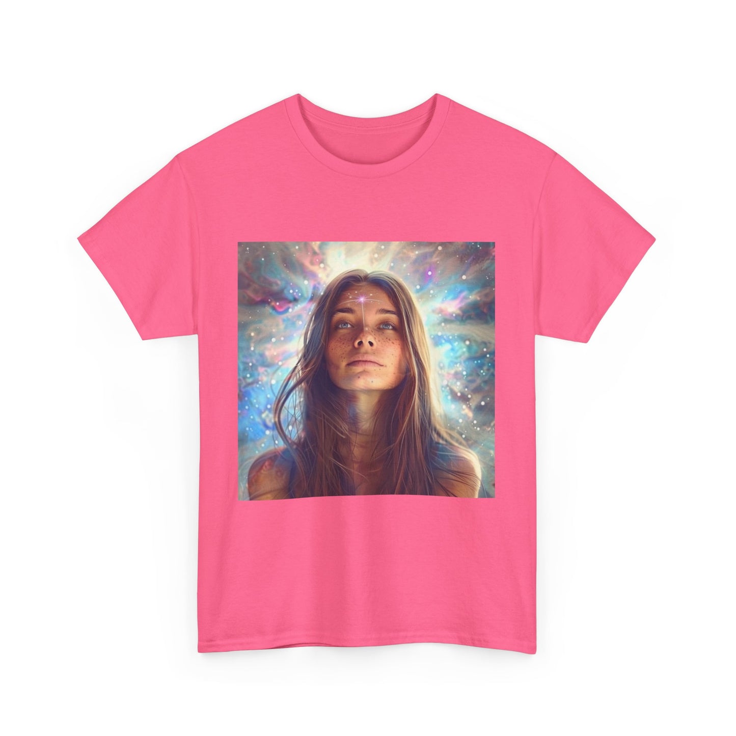 Cosmic vibes t-shirt in pink featuring a vibrant cosmic design and a serene woman portrait